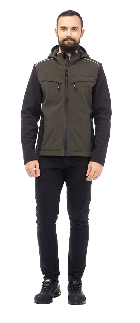 Летняя куртка "ТАЙМ" софтшелл, мужская, короткая, цвет: черный с хаки, ткань: 100% ПЭ