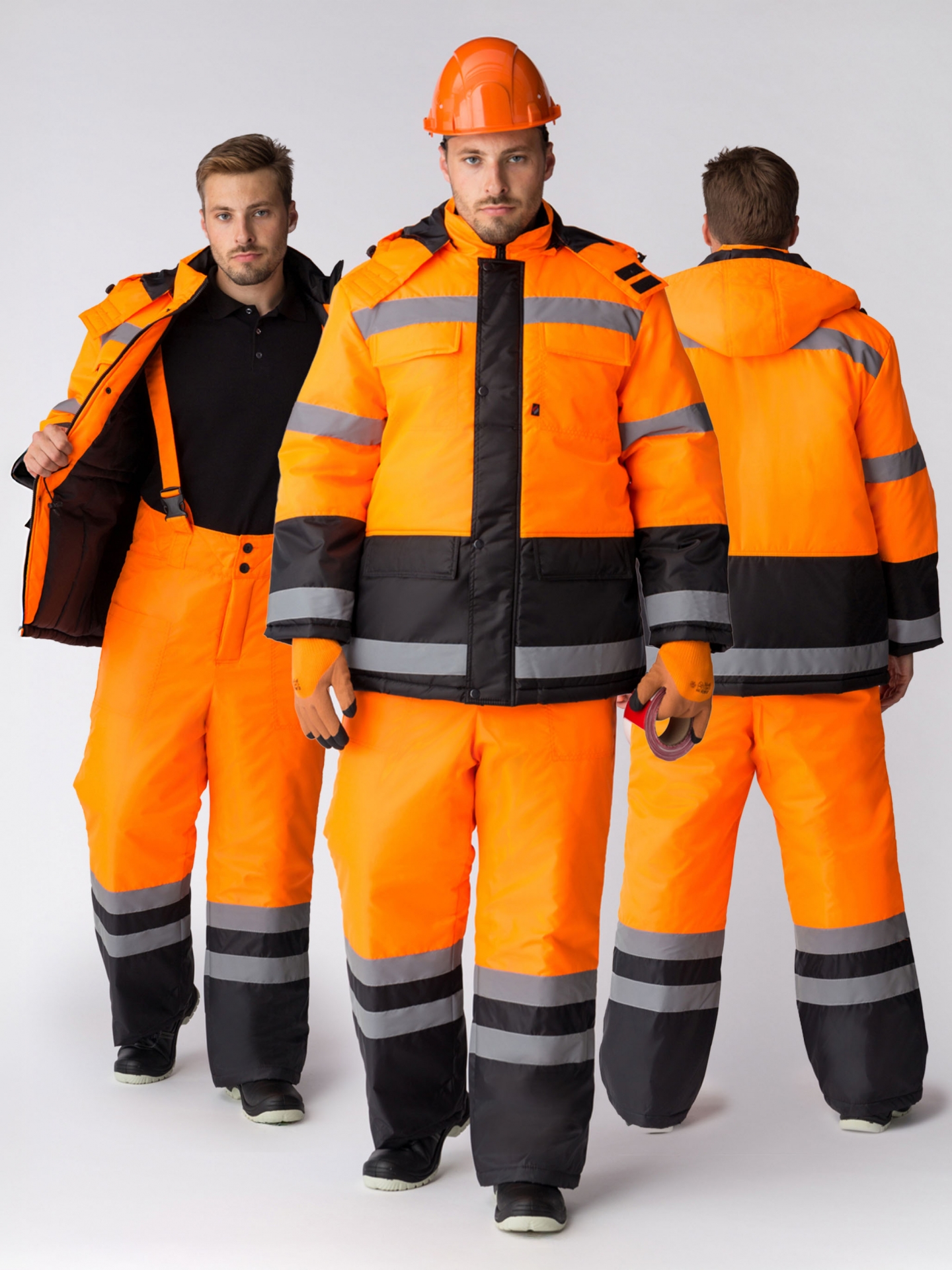 Зимний костюм дорожника мужской, утепленный (куртка и брюки), цвет: оранжевый с черным, ткань: ПЭ