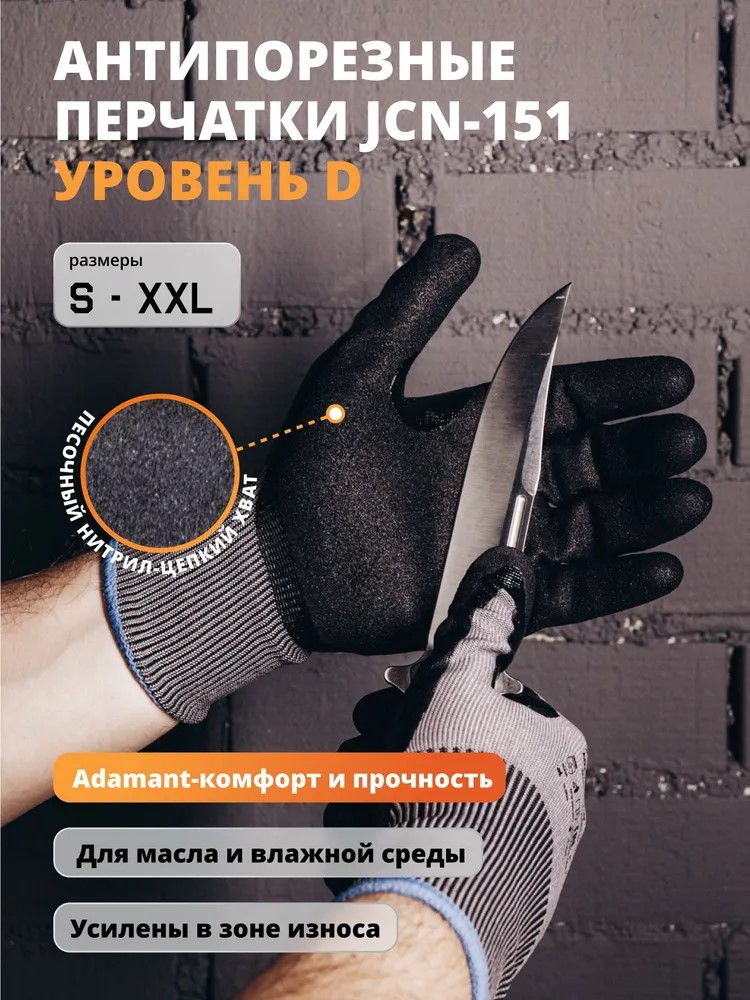 Перчатки "JCN-151 AdamantNit" от порезов, синтетическая нить, ладонь нитрил, JETA SAFETY, (12 пар)