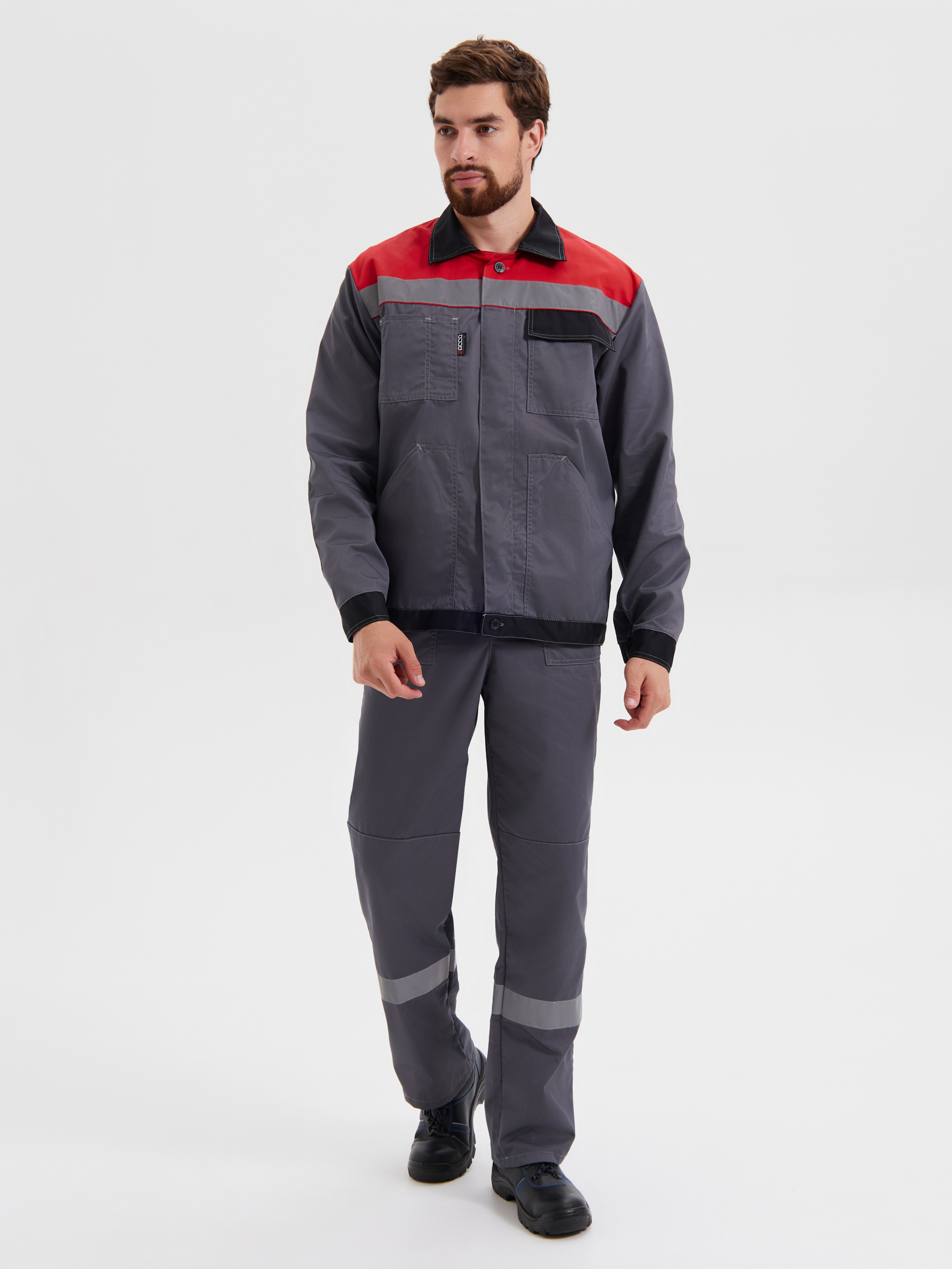 Летний костюм "РАССО-КОРПУС 240" мужской (куртка и полукомбинезон), цвет: серый с черным и красным, ткань: Смесовая