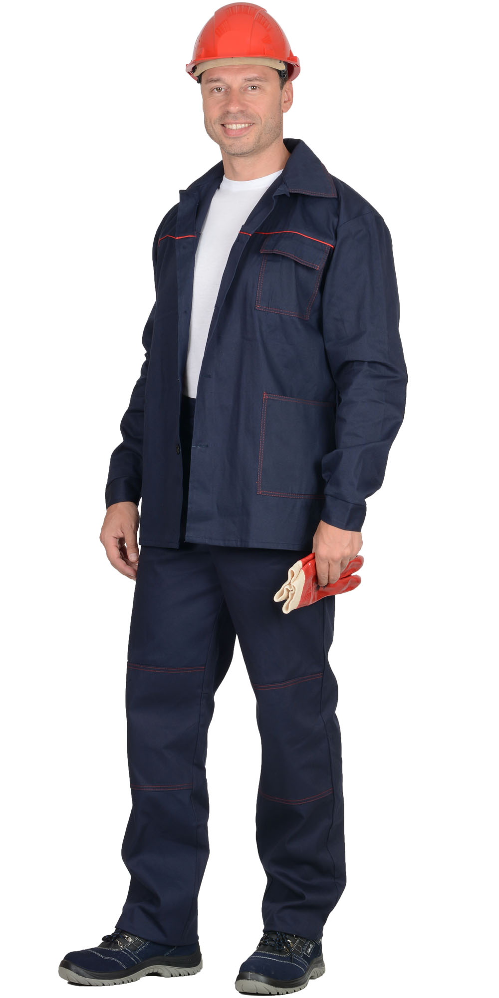 Летний костюм "СИРИУС-ИМПУЛЬС" мужской (куртка и брюки), цвет: синий с красным кантом, 100% саржа