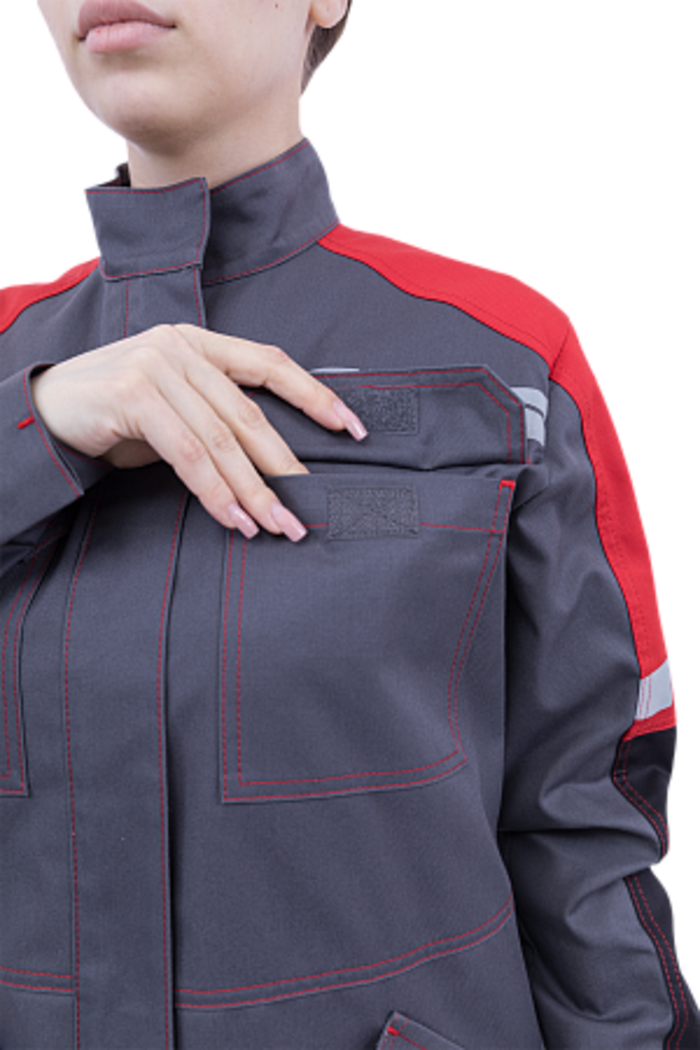 Летняя куртка "Спецобъединение-ХАЙ-ТЕК SAFETY" женская, цвет: серый с красным и черным, ткань: Смесова Летняя куртка "Спецобъединение-ХАЙ-ТЕК SAFETY" женская, цвет: серый с красным и черным, ткань: Смесова