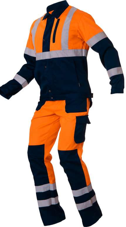 Летний костюм "АСФАЛЬТ МАСТЕР" мужской, (куртка и брюки), цвет: оранжевый флуор с темно-синим, ткань: Смесовая