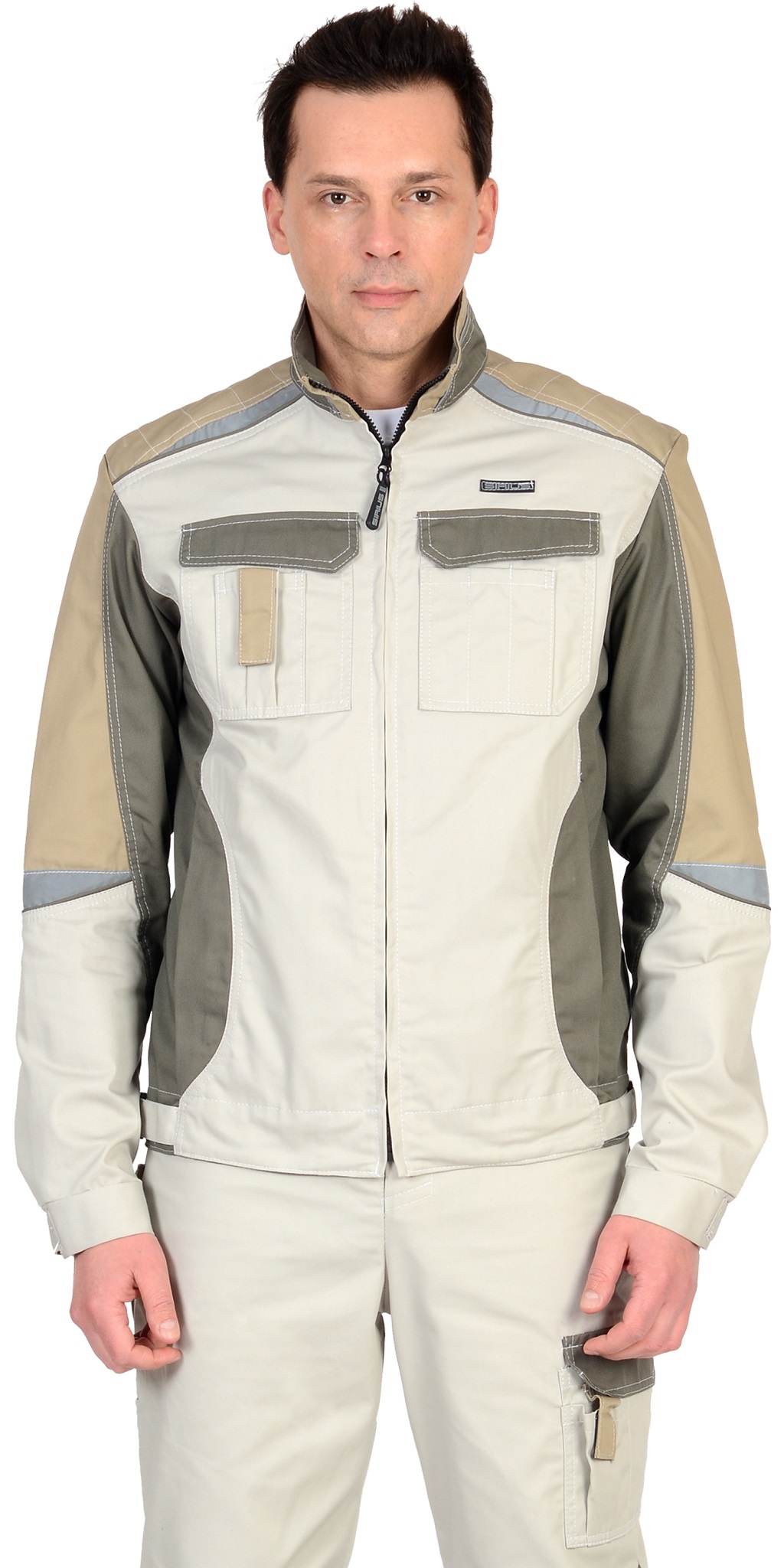 Летняя куртка "СИРИУС-КАСПИЙ" мужская, короткая, цвет: молочный с оливой и песочным, ткань: Rodos (245 гр/кв.м)