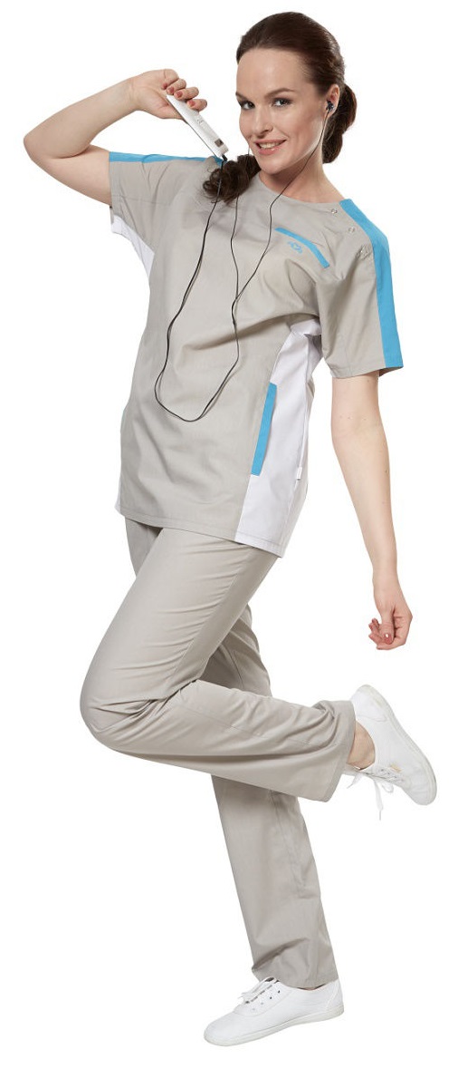 Комплект "АУРА" Спорт женский (блуза и брюки), цвет: серый с бирюзовым и белым, ткань: смесовая