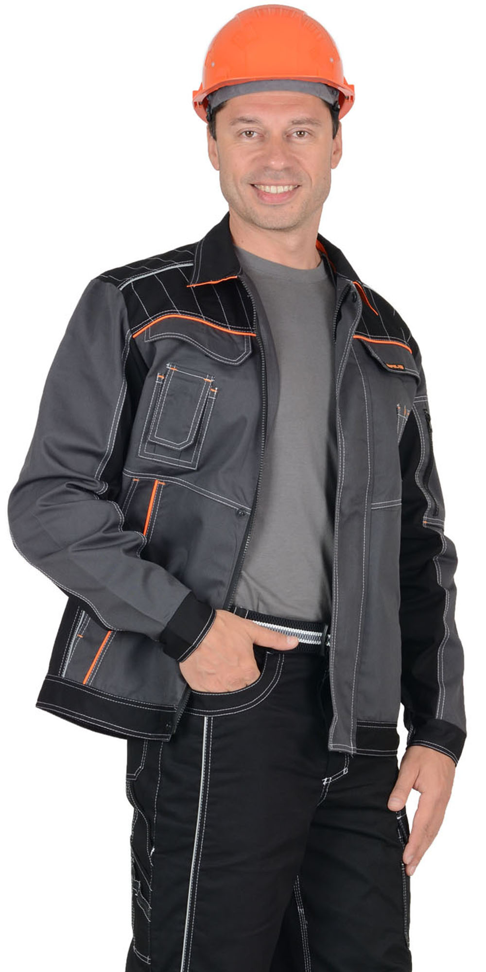 Летняя куртка "СИРИУС-ПРЕСТИЖ" мужская, короткая, цвет: темно-серый с оранжевым кантом тк.Rodos