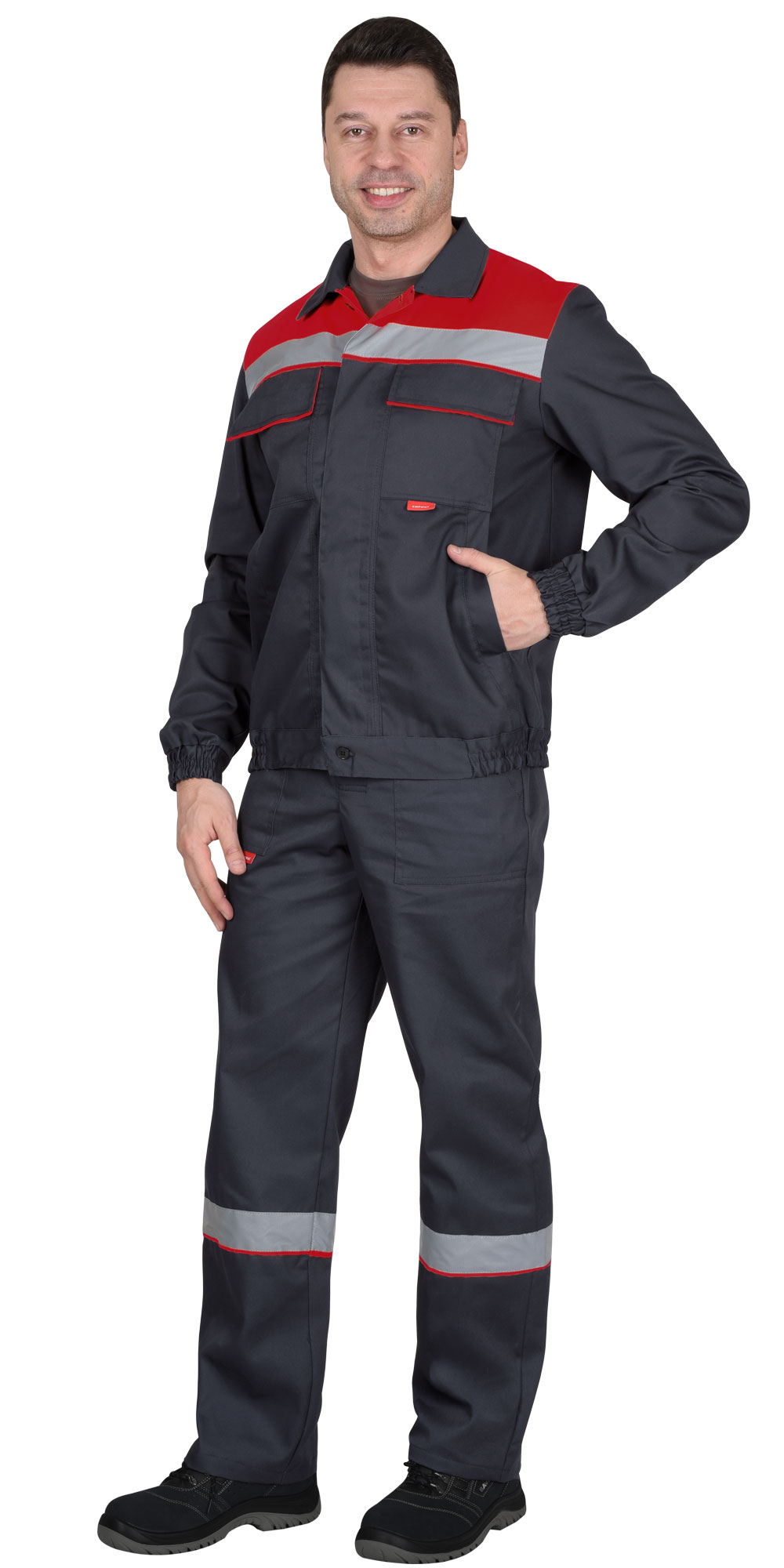 Летний костюм "СИРИУС-МАСТЕР" мужской (куртка и полукомбинезон), цвет: серый с красным
