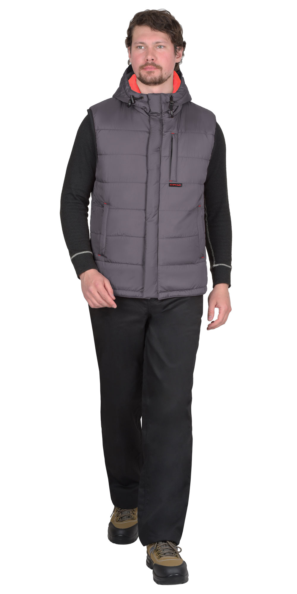 Зимний жилет "СИРИУС-ЗОДИАК" мужской, утепленный, с капюшоном, цвет: темно-серый, ткань: 100% ПЭ