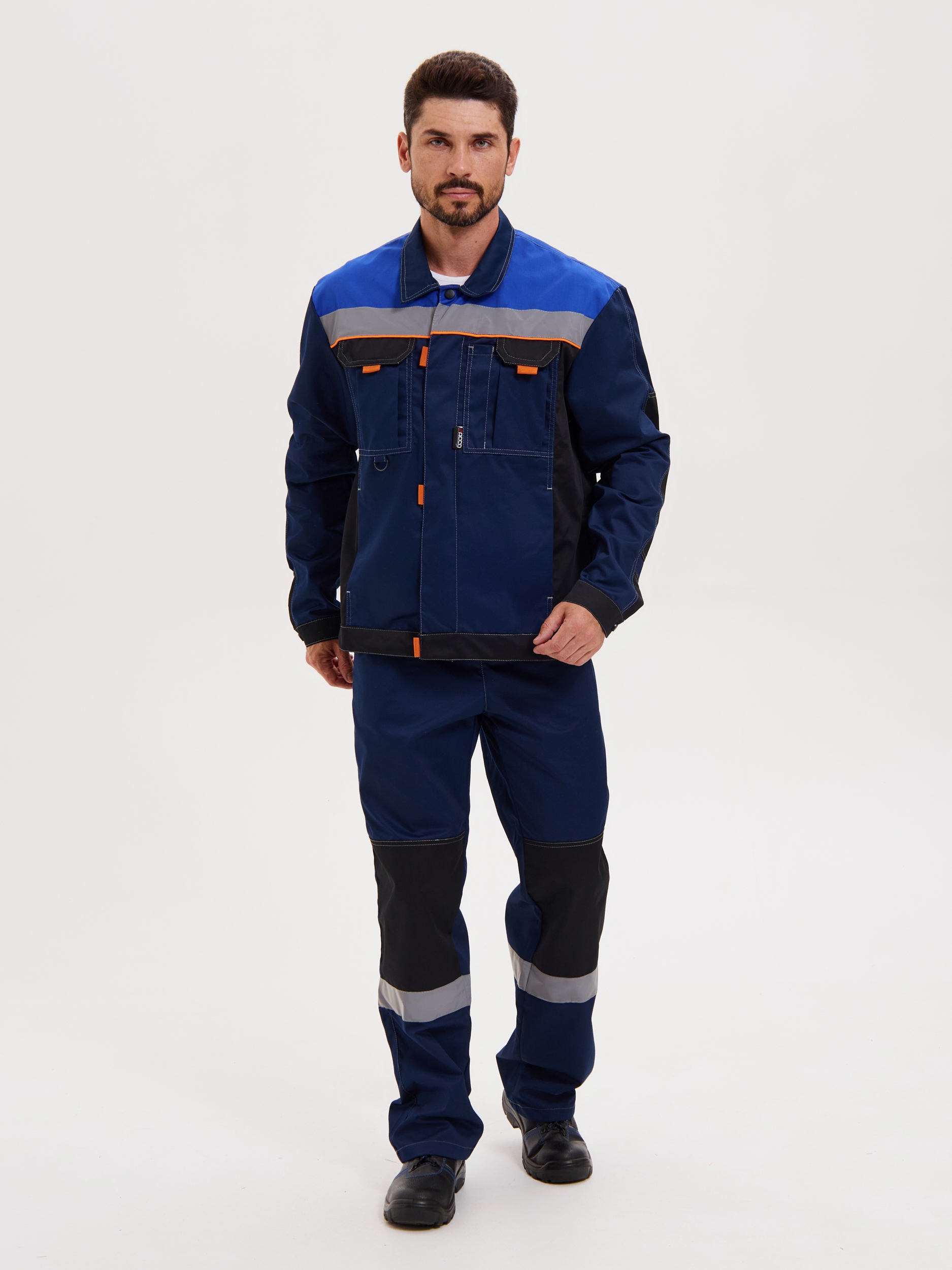 Летний костюм "РАССО-МОДУЛЬ" мужской (куртка и брюки), цвет: синий с черным и васильковым, ткань: Смесовая