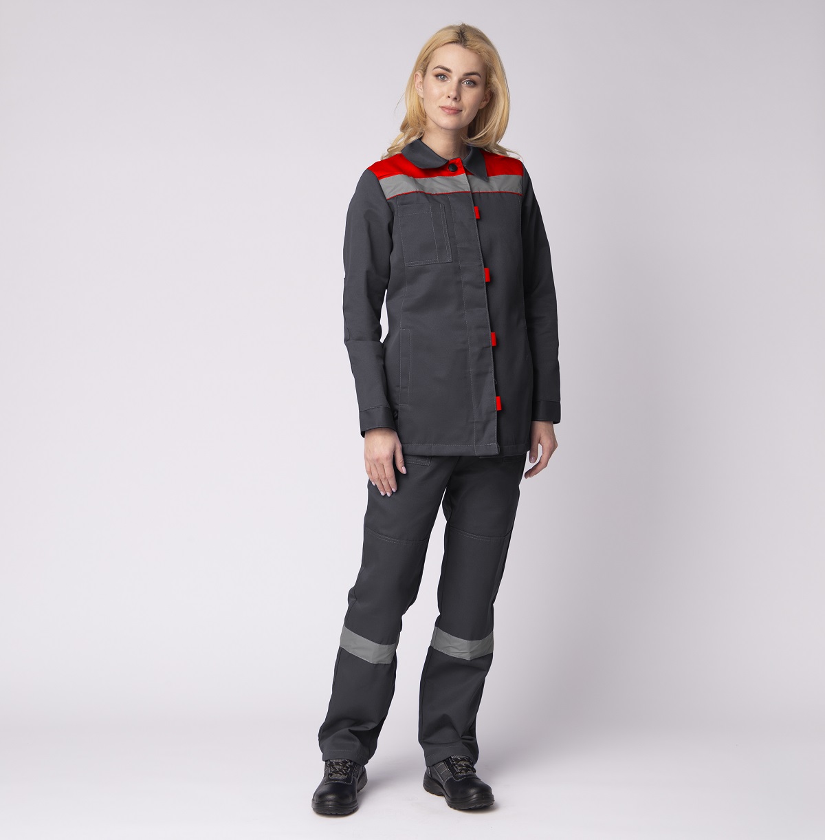 Летний костюм "ВЕСНА-1 СОП NEW" женский (куртка и брюки), цвет: темно-серый с красным, ткань: смесов