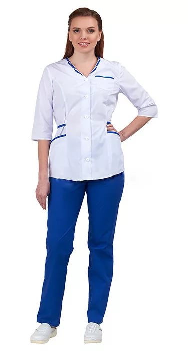 Комплект "ОЛЬГА" женский (блуза и брюки), рукав 3/4, цвет: белый с васильковым, ткань: смесовая