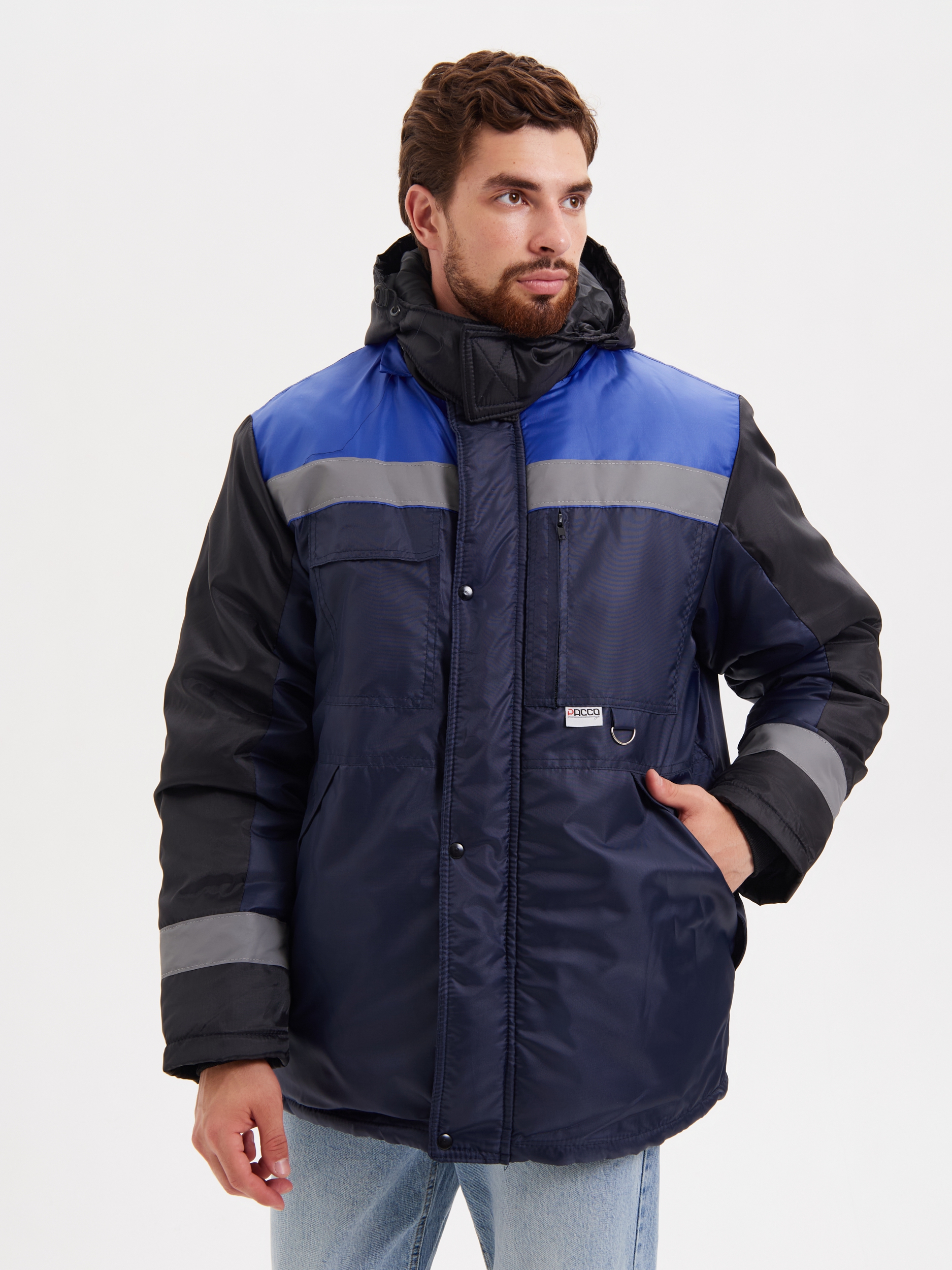 Зимняя куртка "РАССО-ГЛОБУС" мужская, удлин., утепл., цвет: синий с васил. и черн., ткань: 100% ПЭ