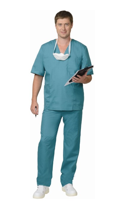 Костюм хирурга мужской, универсальный (блуза и брюки), короткий рукав, цвет: зеленый