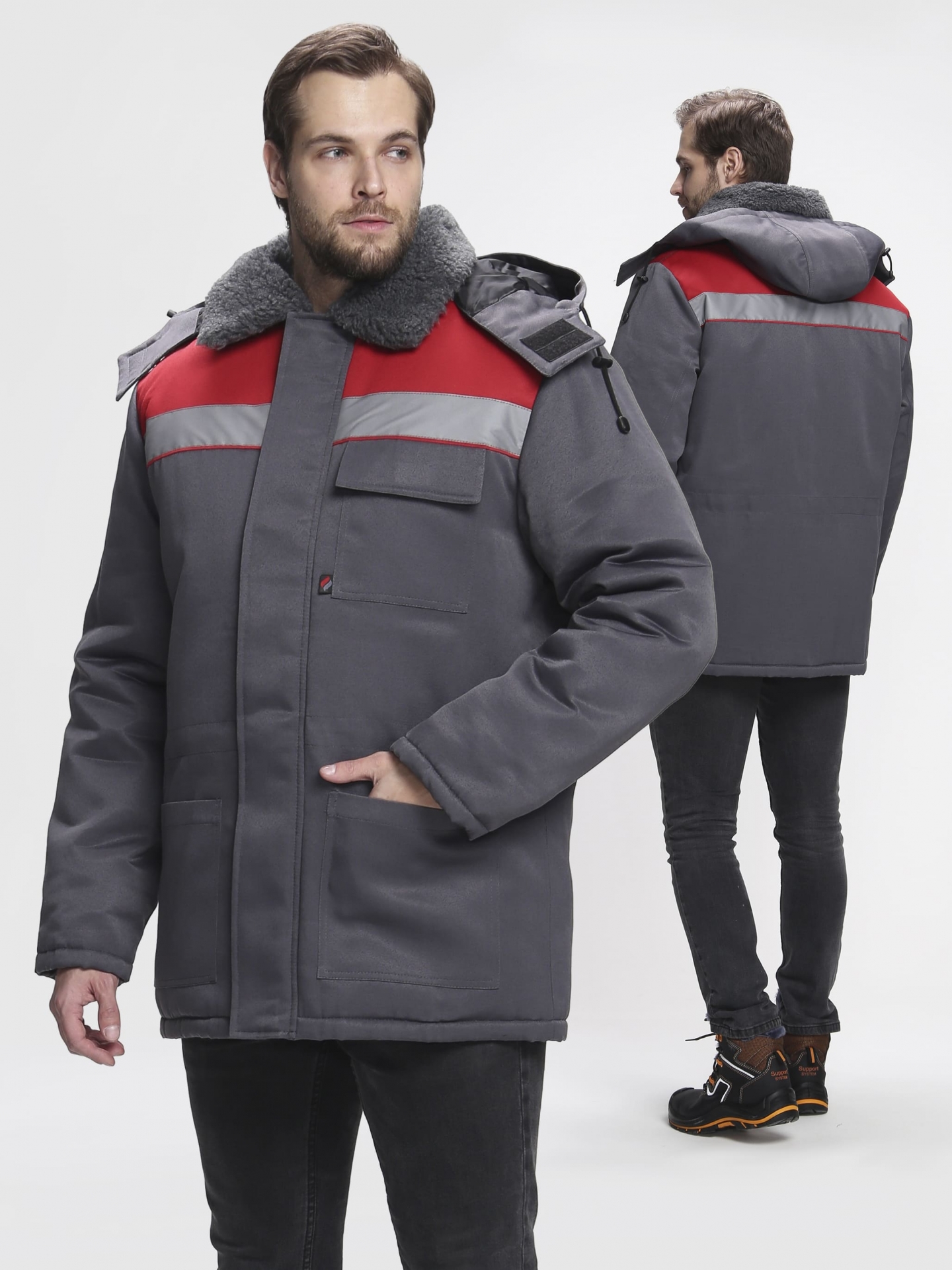 Зимняя куртка "Факел-БРИГАДА" мужская, утепленная, цвет: серый с красным, ткань: смесовая 