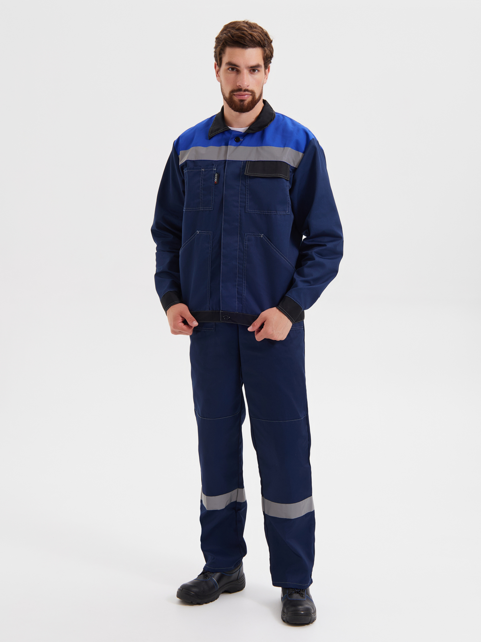 Летний костюм "РАССО-КОРПУС 240" мужской (куртка и полукомбинезон), цвет: темно-синий с васильковым, ткань: Смесовая