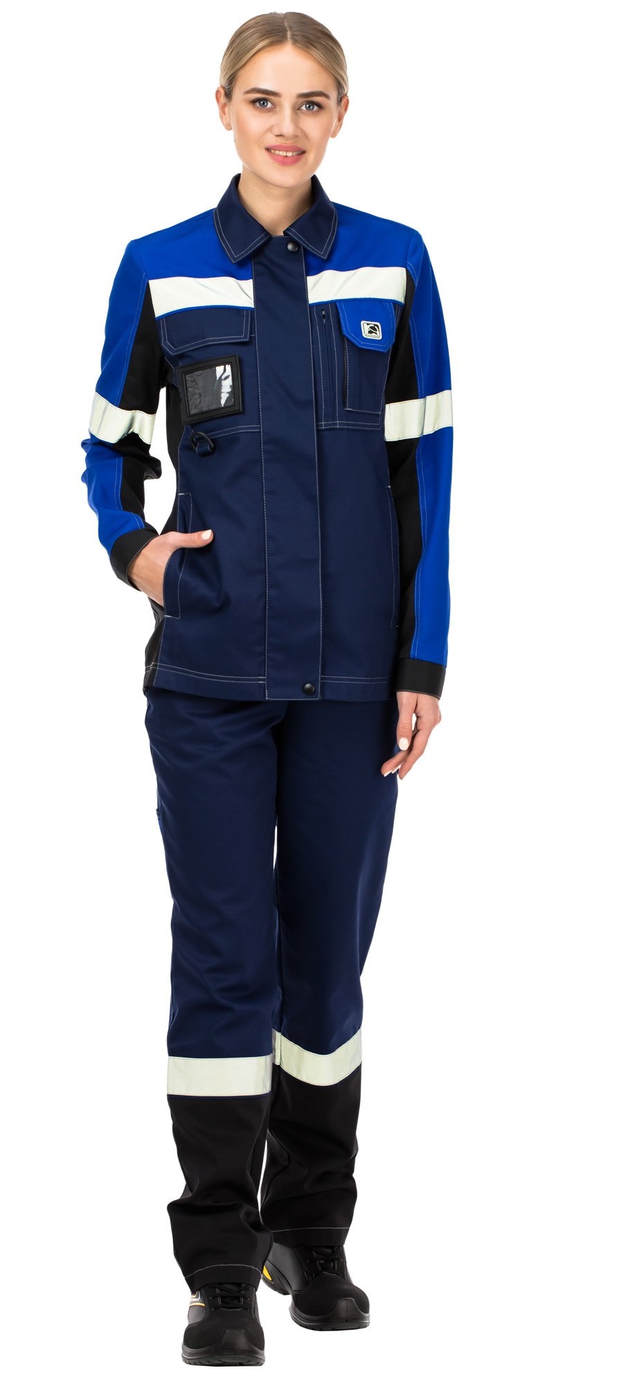 Летний костюм "ВИВАТ" женский (куртка и брюки), цвет: синий с васильковой и черной отделкой
