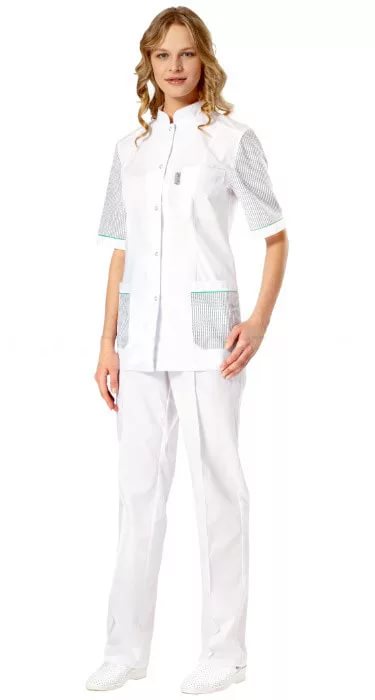 Комплект "ПРЕМИУМ" женский (блуза и брюки), цвет: белый с отделкой в серую полоску и зеленым кантом