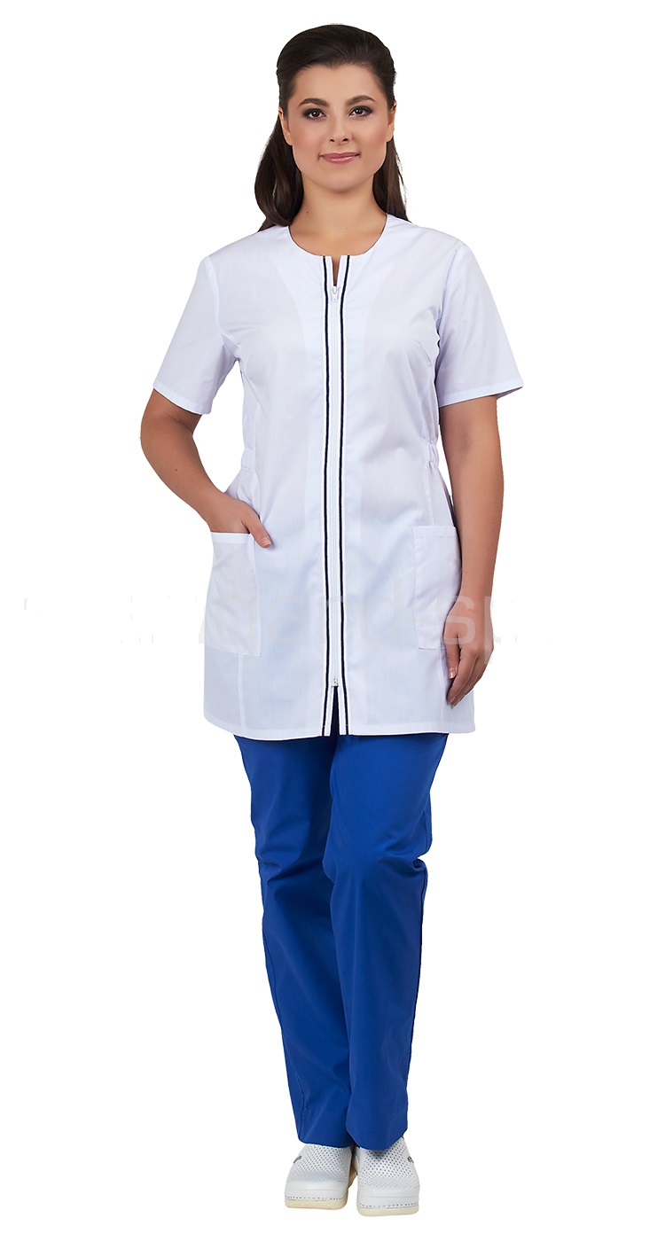 Блуза "ЛЭЙН" женская (короткий рукав, на молнии), цвет: белый с отделочной тесьмой, ткань: смесовая