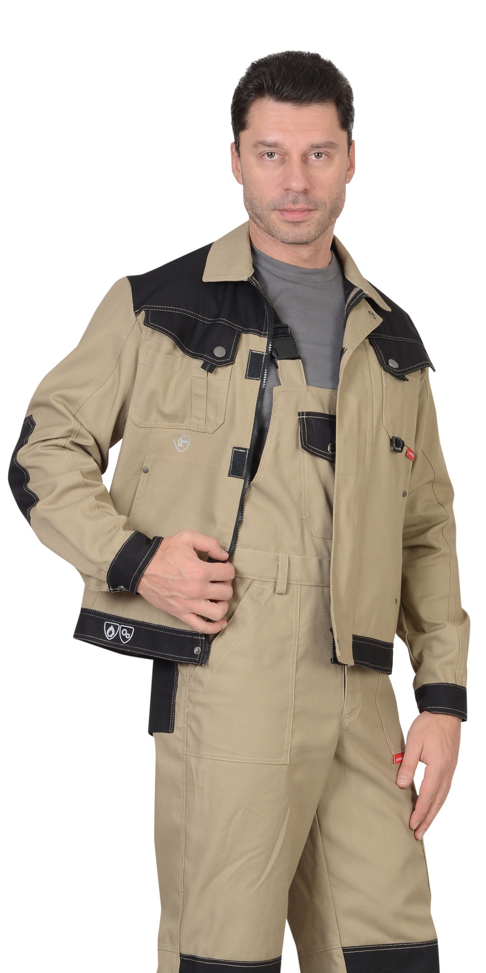 Летняя куртка "СИРИУС-ВЕСТ-ВОРК" мужская, короткая, цвет: бежевый с черным, ткань: смесовая