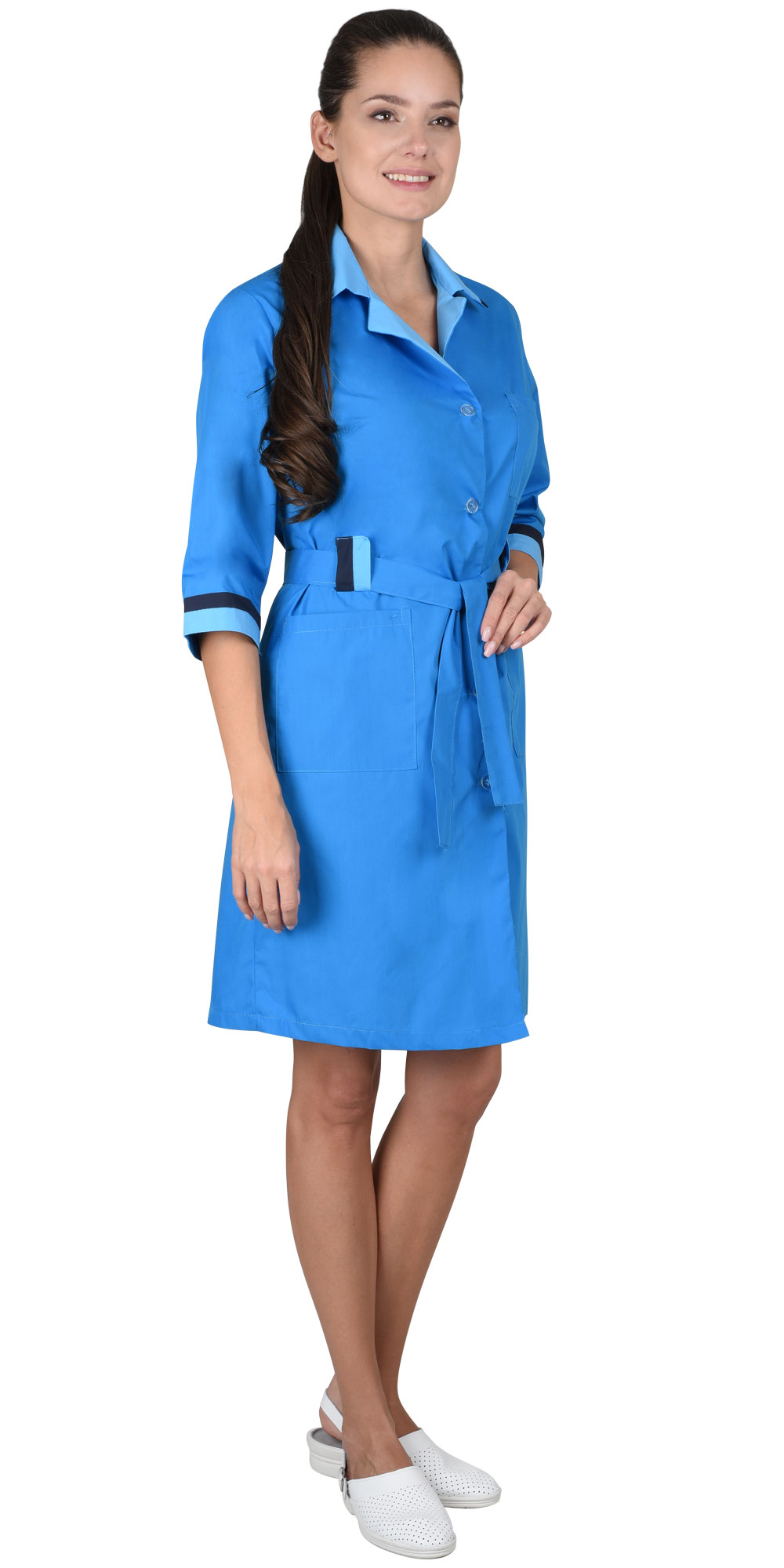Халат "СИРИУС-ФЛОРА" женский (рукав 3/4, на пуговицах), цвет: темно-голубой, ткань:смесовая