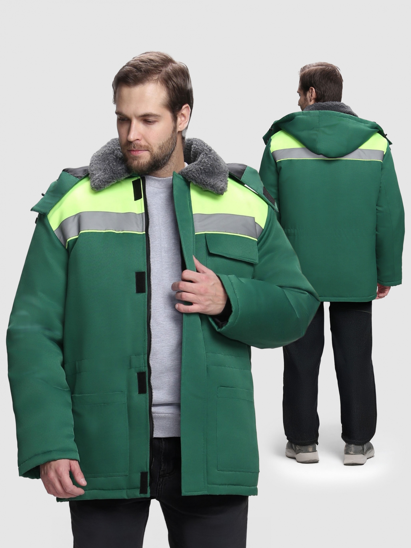 Зимняя куртка "КВАЙЛ СОП" мужская, удлиненная, цвет: зеленый с лимонным, ткань: смесовая