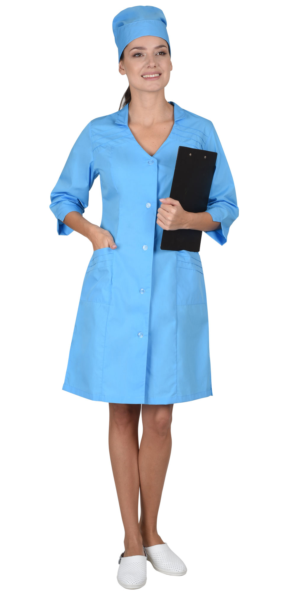 Халат "СИРИУС-ЛИМА" женский (рукав 3/4, на пуговицах), цвет: голубой, ткань: смесовая