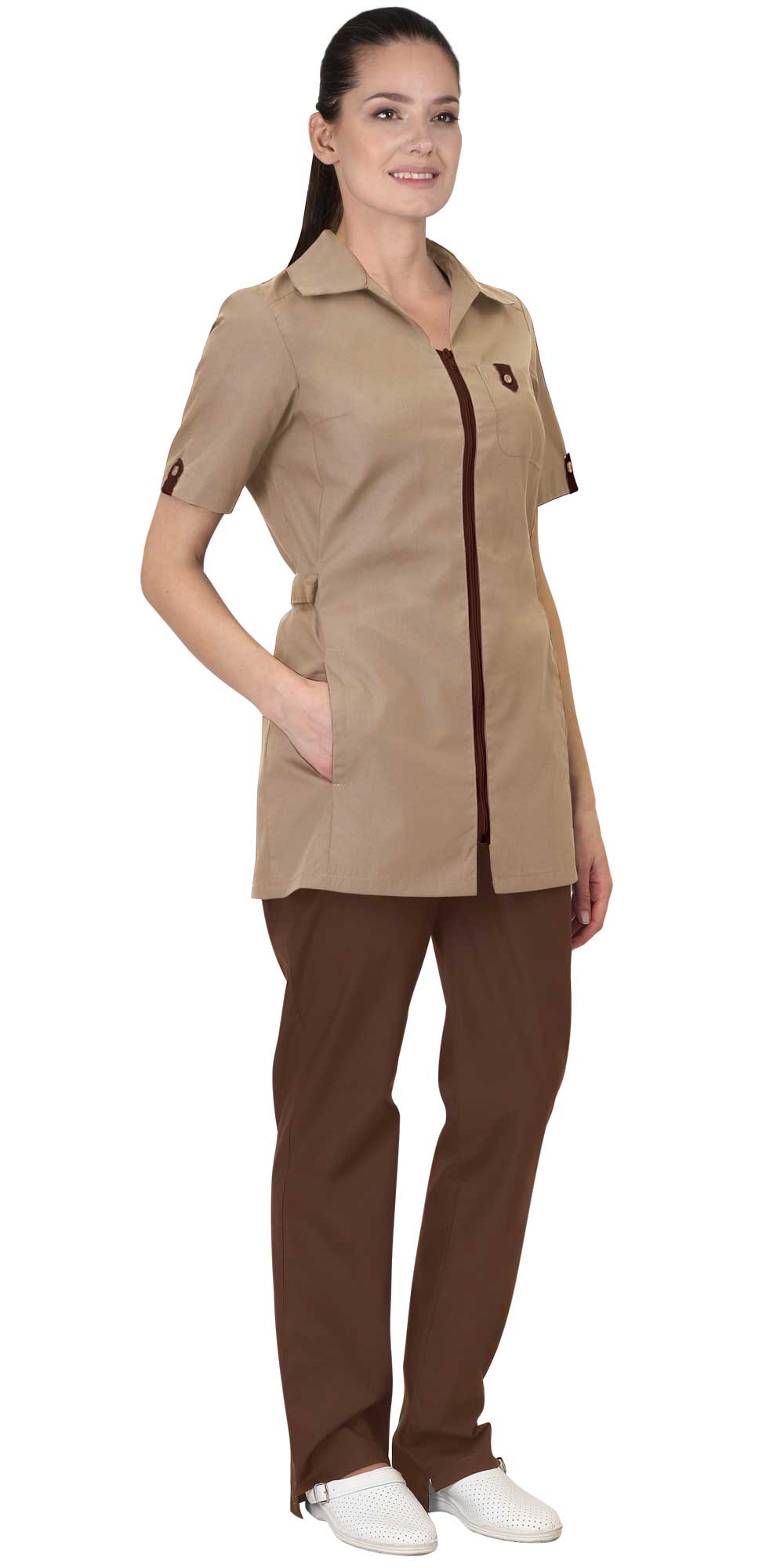 Костюм "СИРИУС-ЛИРА" женский (блуза и брюки), цвет: бежевый с шоколадным, ткань: смесовая