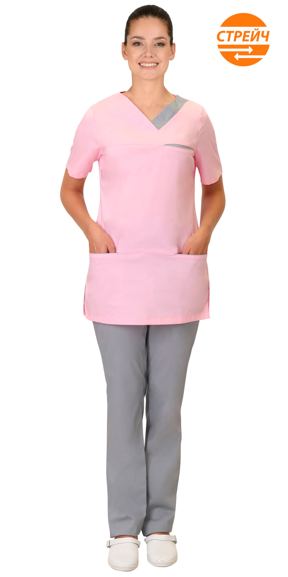 Костюм "СИРИУС-КЭТРИН" женский (блуза и брюки), короткий рукав, цвет: розовый с серым, ткань.: смес
