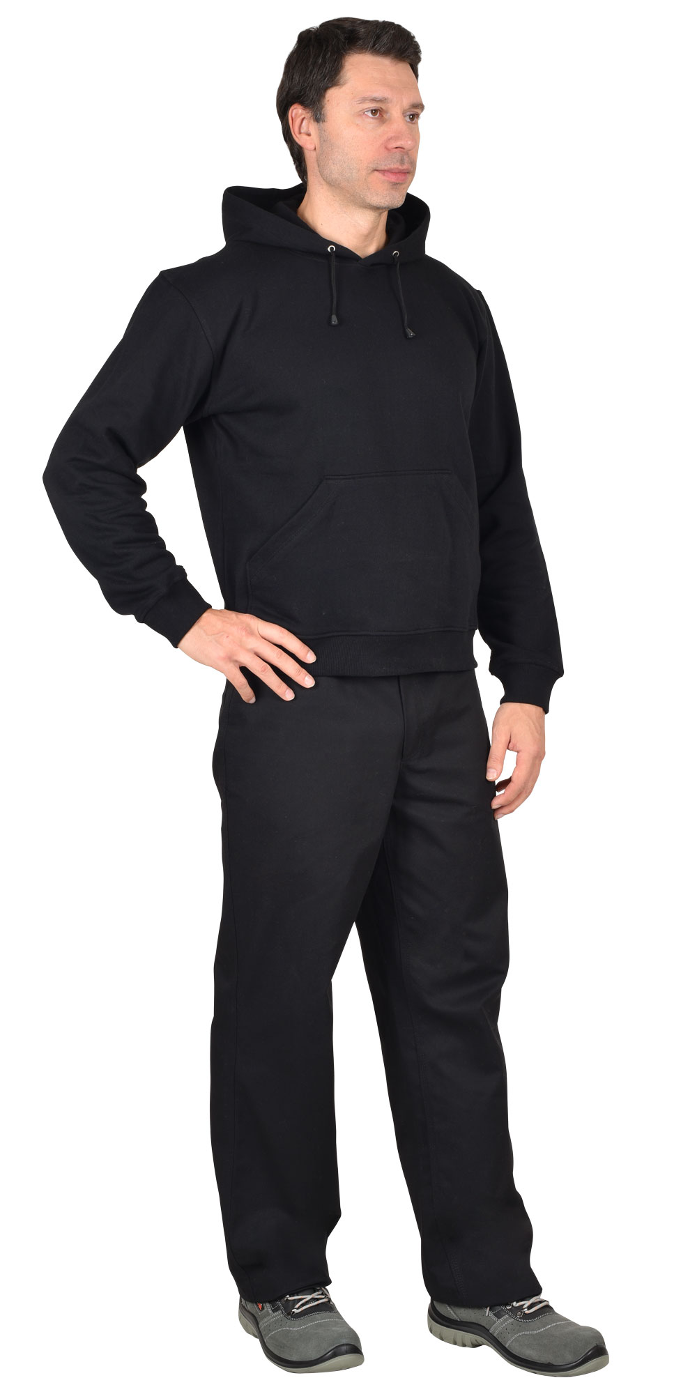 Толстовка с капюшоном, футер 3-х ниточный, карман "Кенгуру", цвет: черный, ткань: 100%ХБ