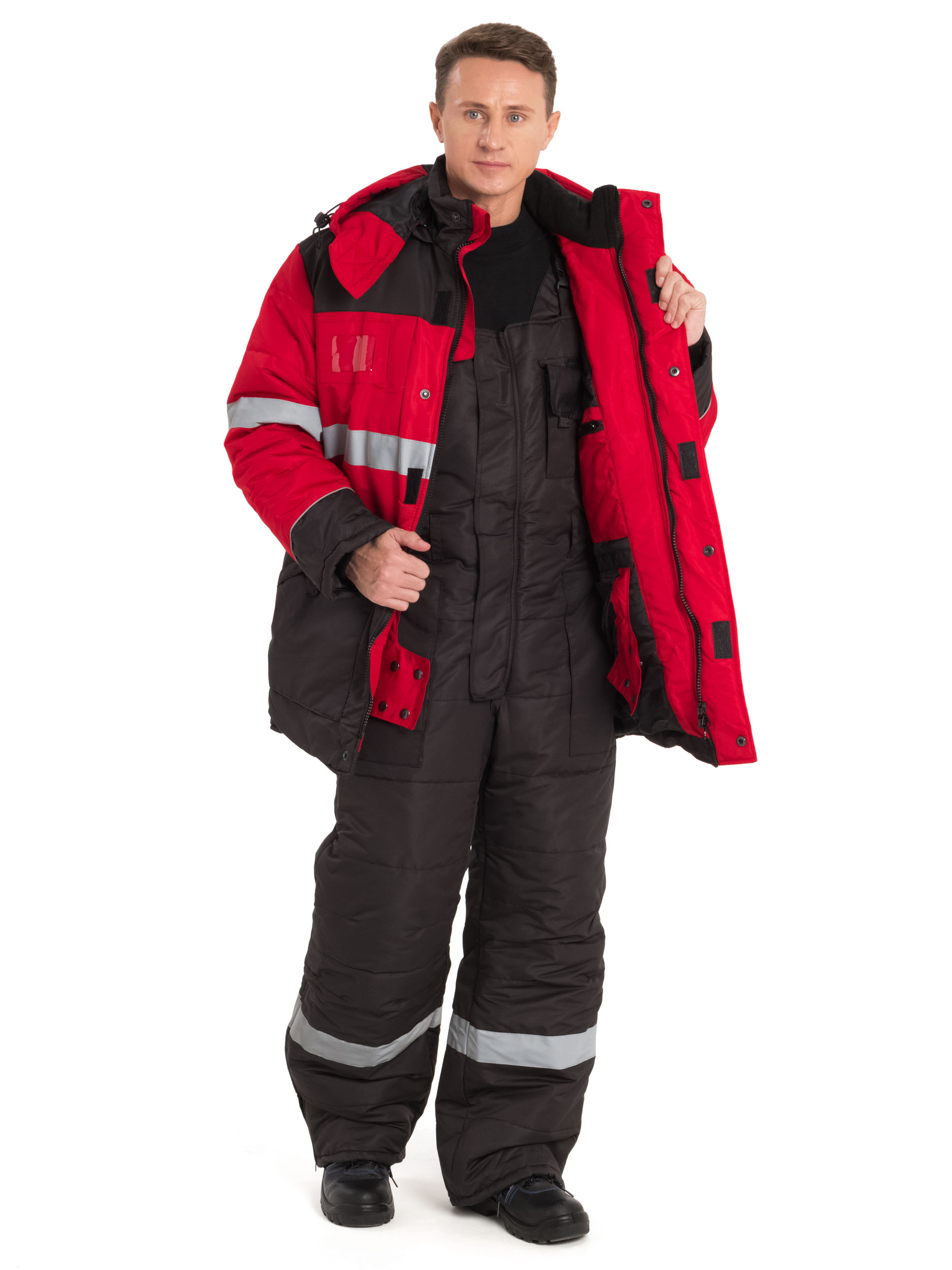 Зимний костюм "Рассо-НОРДМЕН" мужской, утепленный (куртка и полукомбинезон), цвет: красный с черным, ткань: Taslan