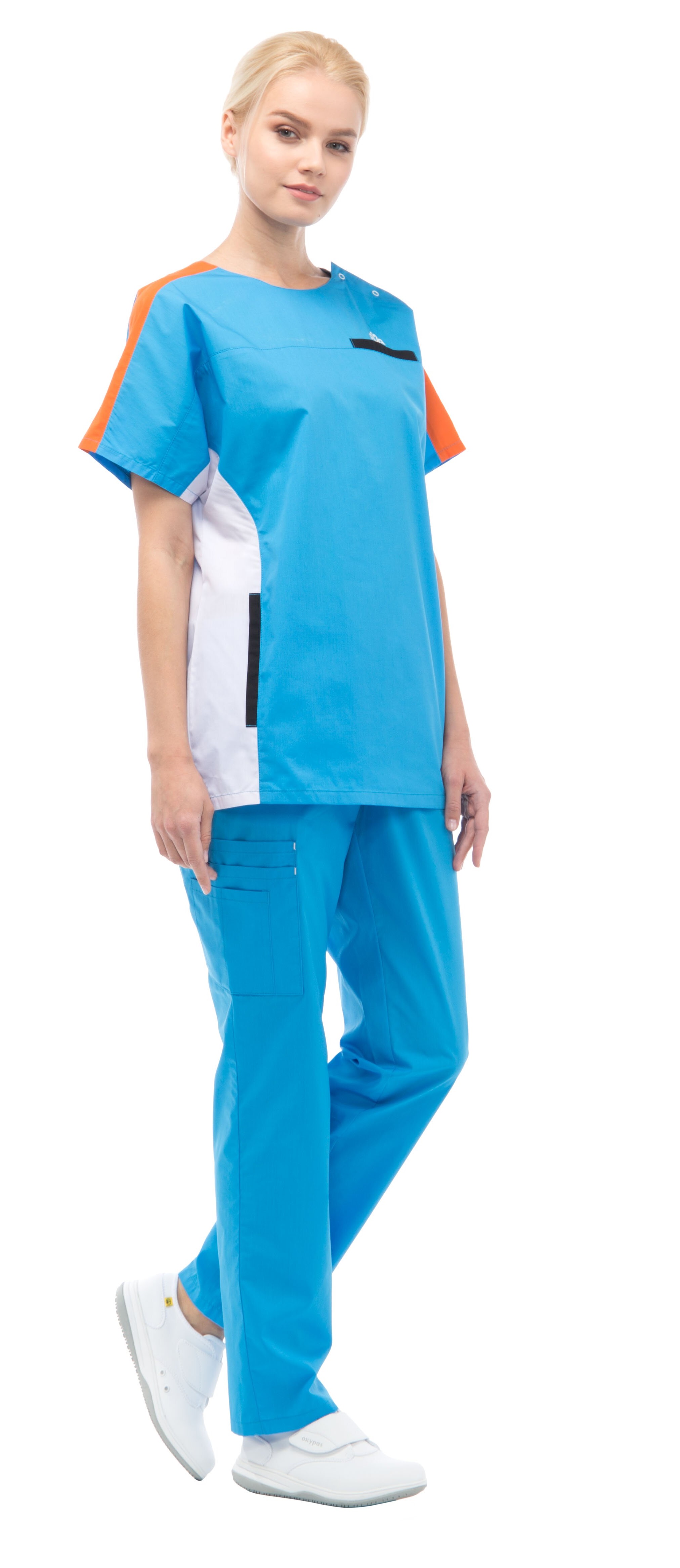Комплект "АУРА" Спорт женский (блуза и брюки), цвет: ярко-голубой с белой, оранжевый и черной отд.