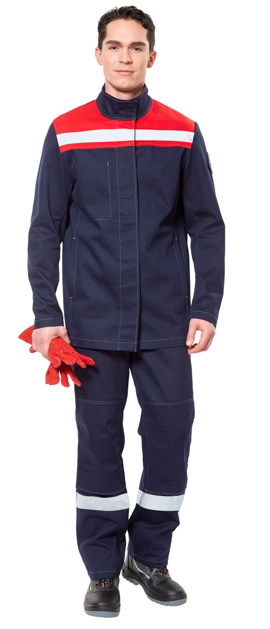 Летний костюм сварщика "СТОПФАЕР с СОП" (куртка и брюки), цвет: тёмно-синий с красным, ткань: 100%ХБ