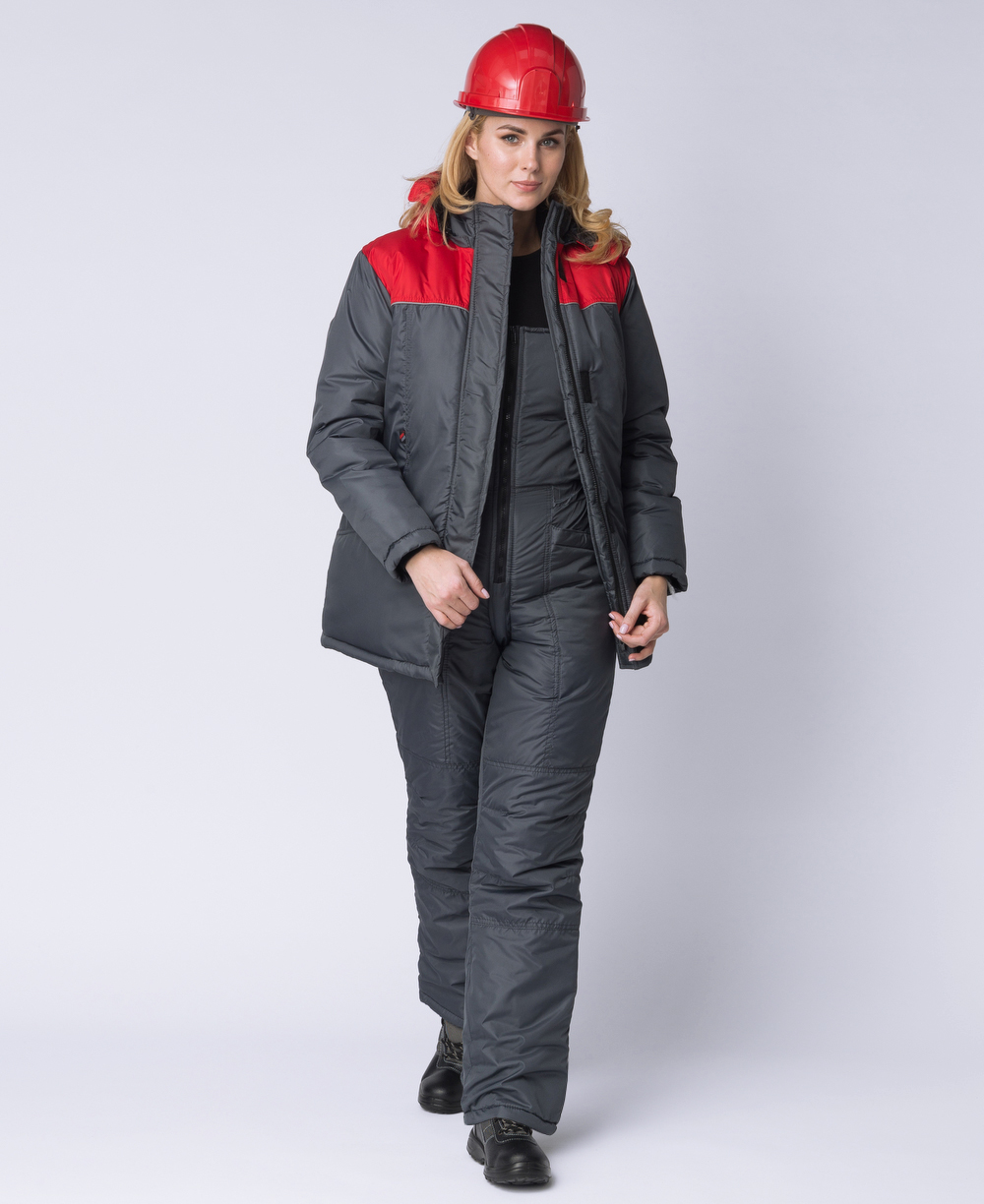 Зимняя куртка "СНЕЖАНА" женская, удлиненная, утепленная, цвет: темно-серый с красным, тк: Дюспо
