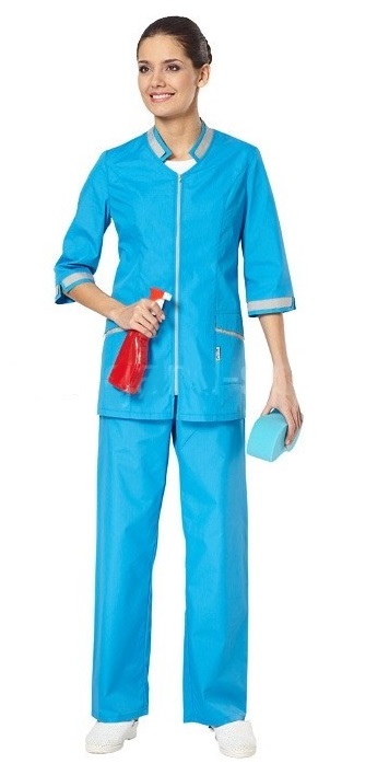 Костюм "ЛАЗУРИТ" женский (блуза и брюки), цвет: ярко-голубой со светло-серой отделкой, ткань: смес.