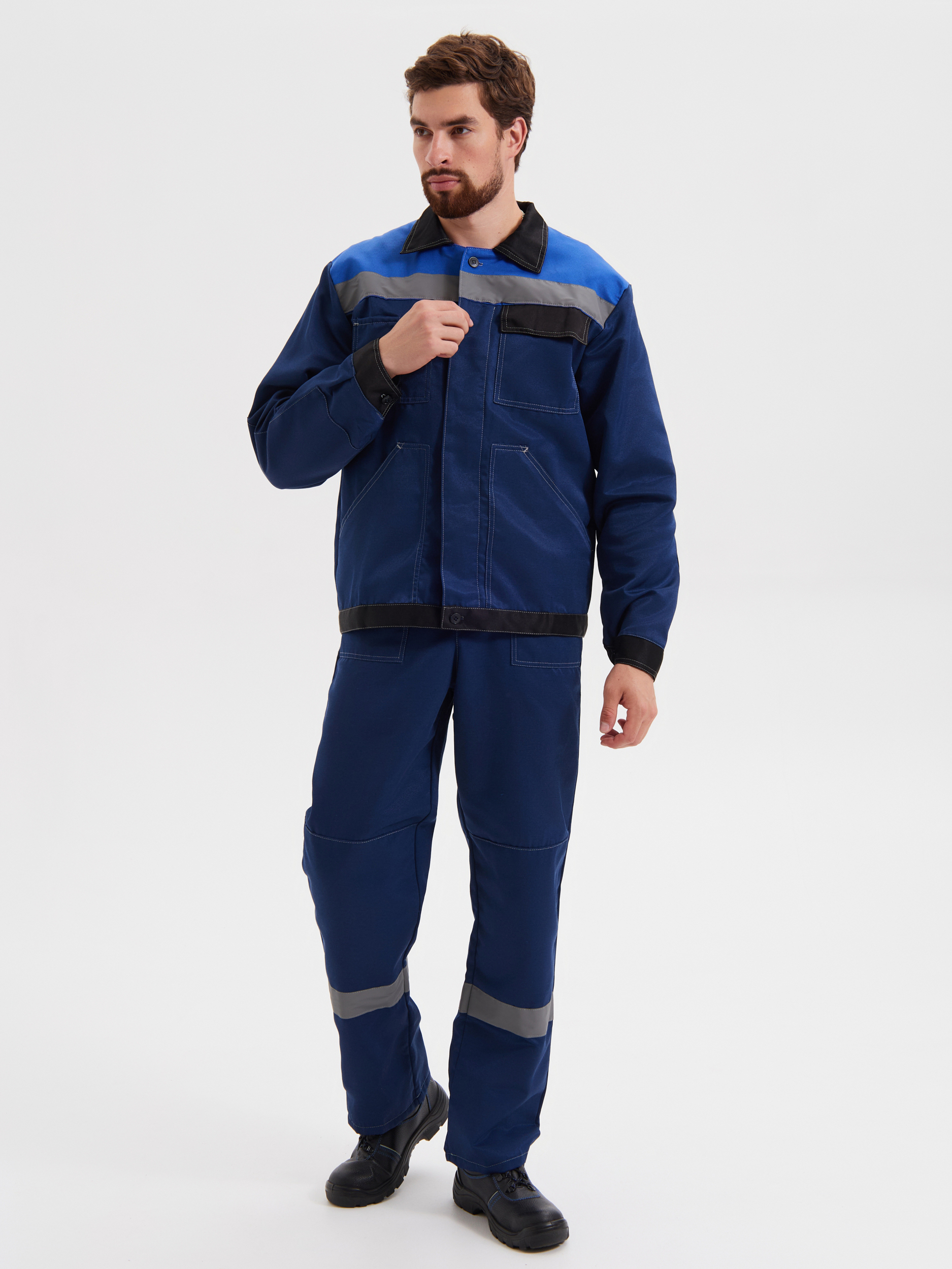 Летний костюм "РАССО-КОРПУС-210 " мужской (куртка и полукомбинезон), цвет: синий с васильковым и черным, ткань: смесовая