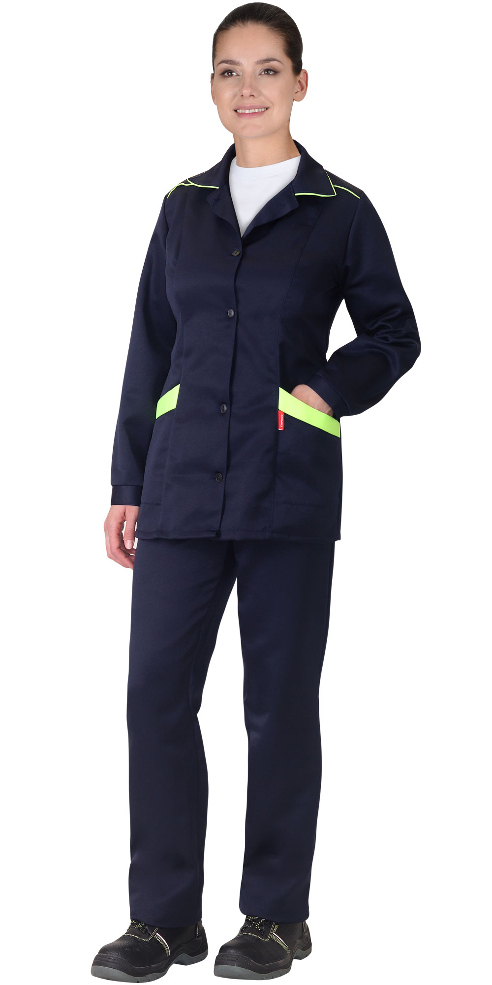 Летний костюм "СИРИУС-ЗОЛУШКА" женский (куртка и брюки), цвет: т-синий с лимонным кантом, РАСПРОДАЖА