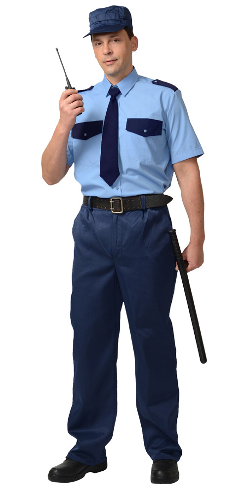 Рубашка охранника, короткий рукав, цвет: голубой с темно-синим, ткань: смесовая