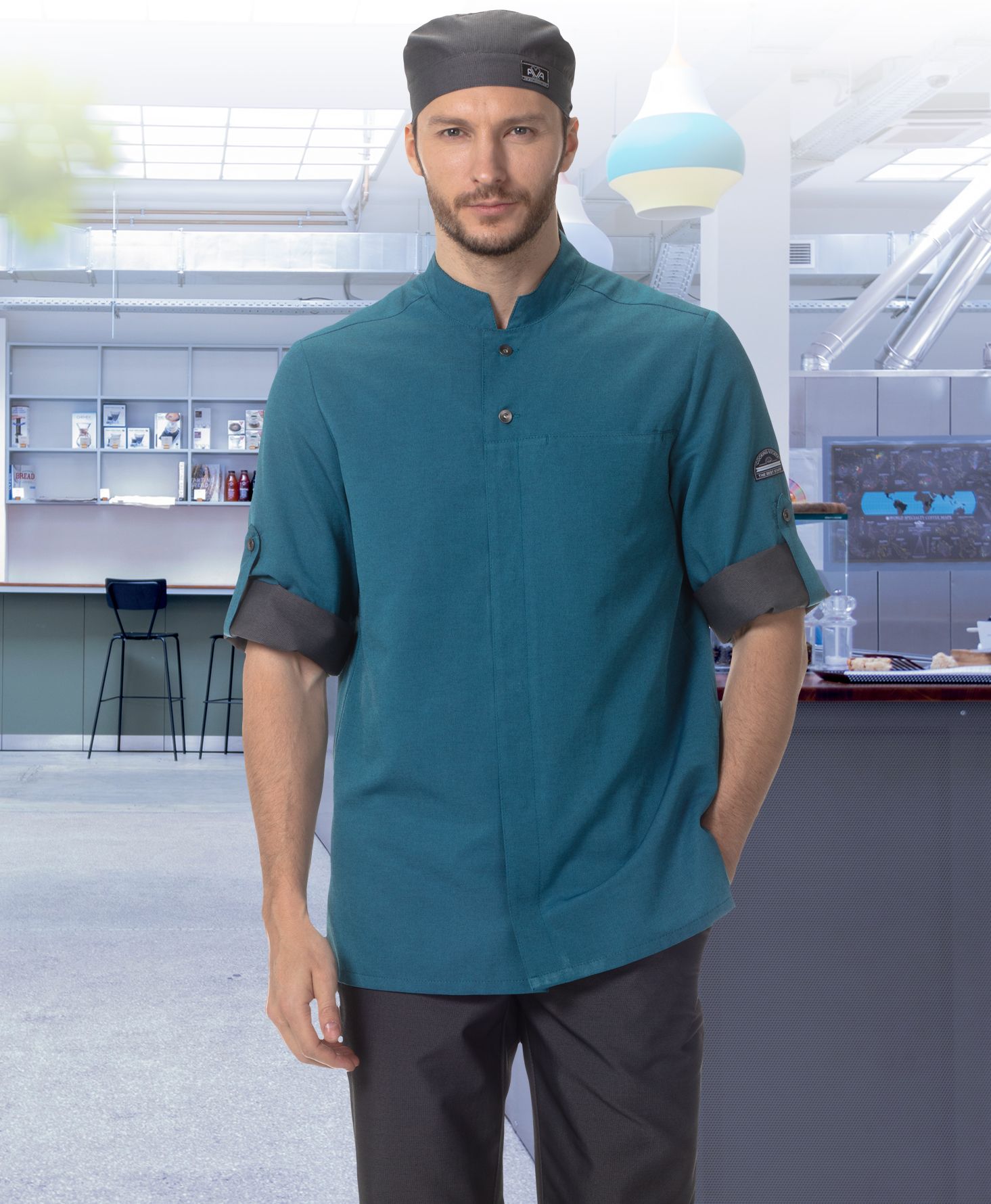 Блуза "ПАНИНИ" мужская (короткий рукав, на кнопках), цвет: морская волна с темно-серой отделкой, ткань: смесовая