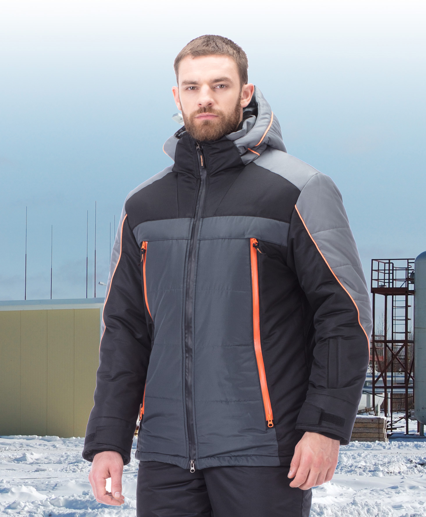 Зимняя куртка "ПАЛМЕР" мужская, удлиненная, утепленная, цвет: черный с серым, ткань: 100% ПЭ