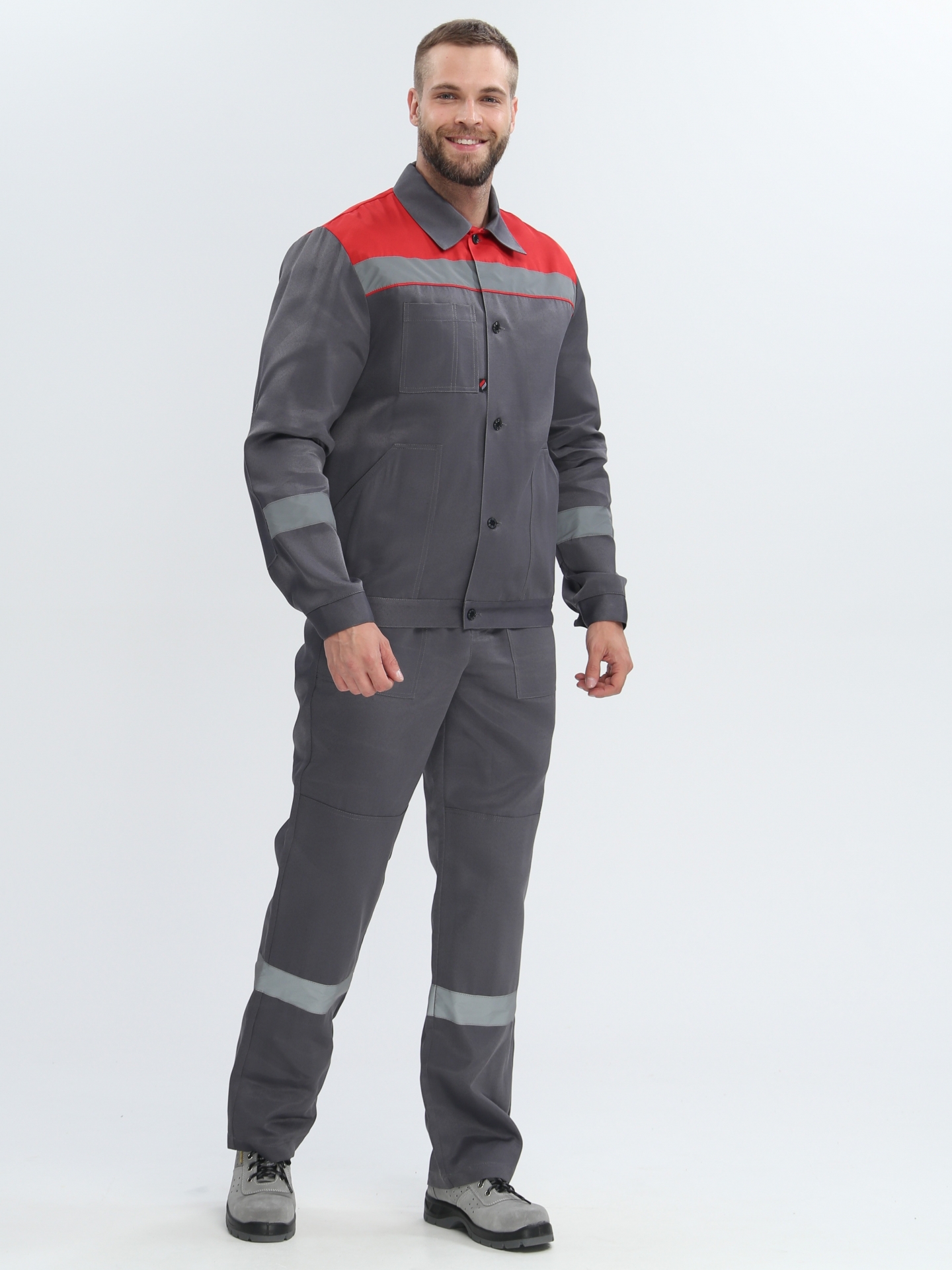 Летний костюм "ЛИГОР-2" мужской (куртка и полукомбинезон), цвет: серый с красным, ткань: смесовая