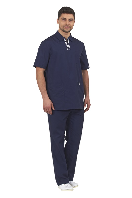 Комплект "АУРА" мужской (блуза и брюки), короткий рукав, цвет: темно-синий, ткань: смесовая