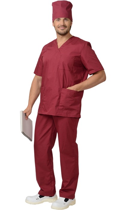 Костюм хирурга мужской, универсальный (блуза и брюки), короткий рукав, цвет: бордовый
