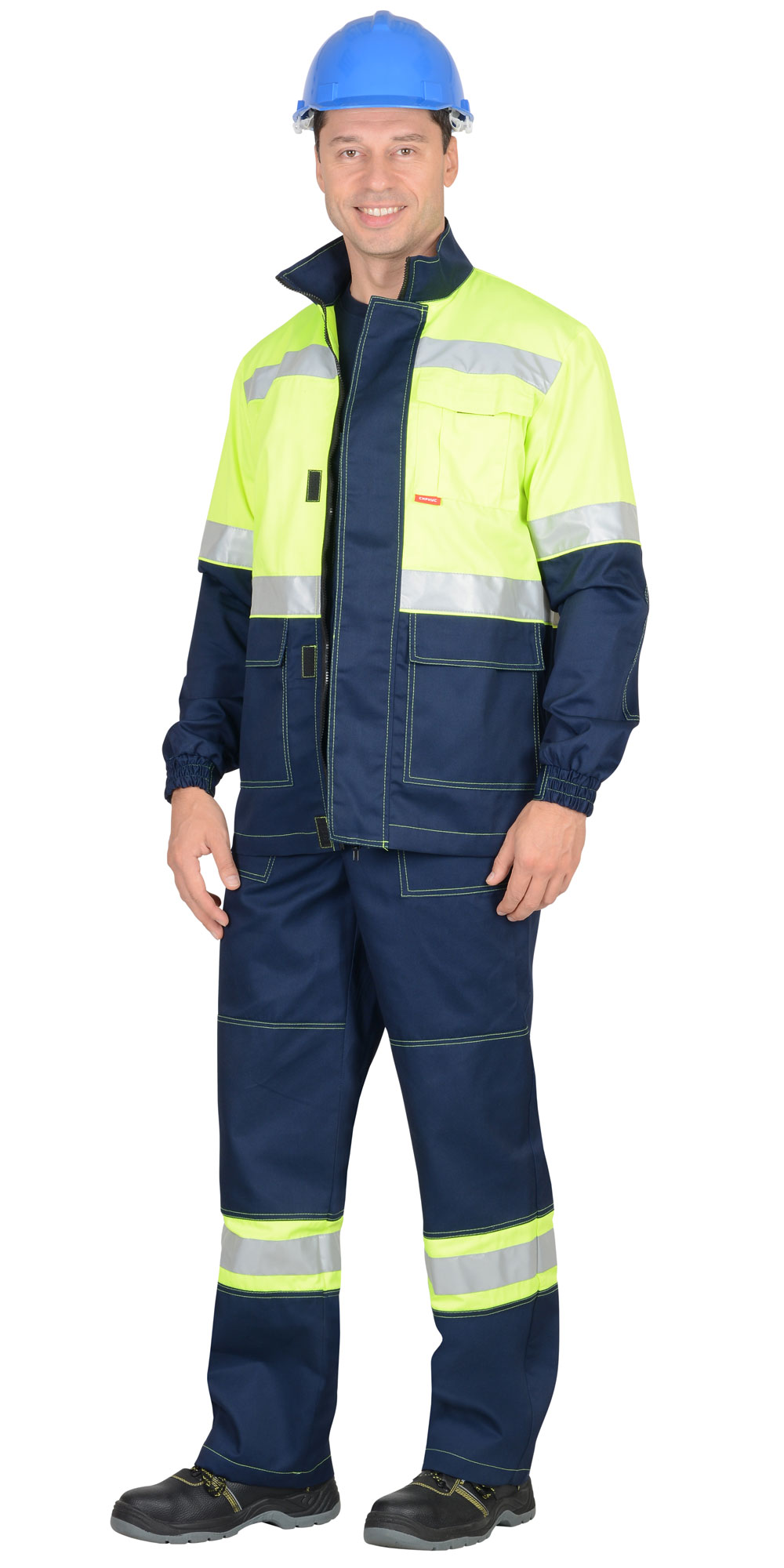 Летний костюм "СИРИУС-ТЕРМИНАЛ" мужской (куртка и п/к), цвет: темно-синий с лимонным, тк: смесов