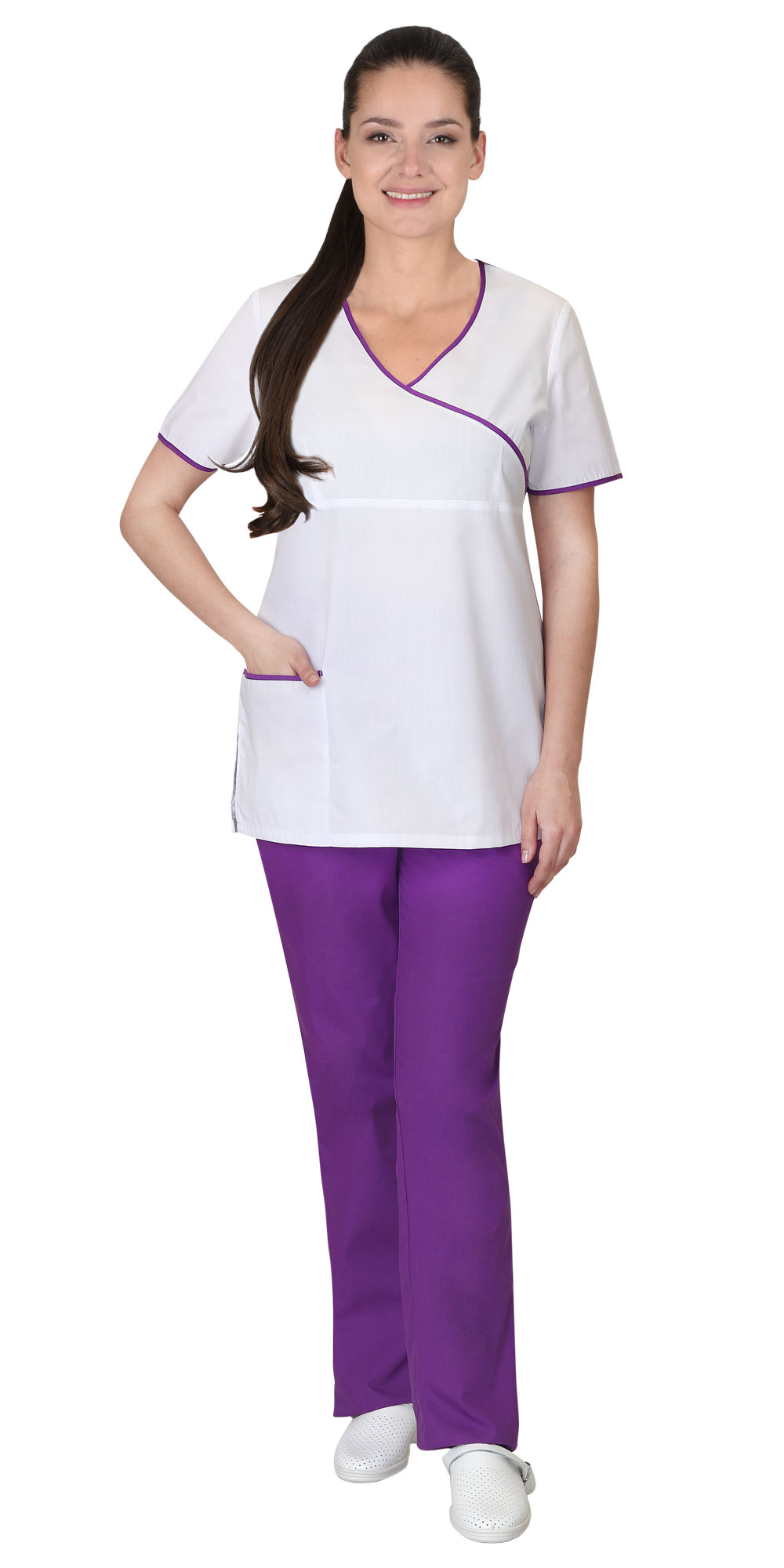 Костюм "СИРИУС-ВИРДЖИНИЯ" женский (блуза и брюки), короткий рукав, цвет: белый с фиолетовым, смесов
