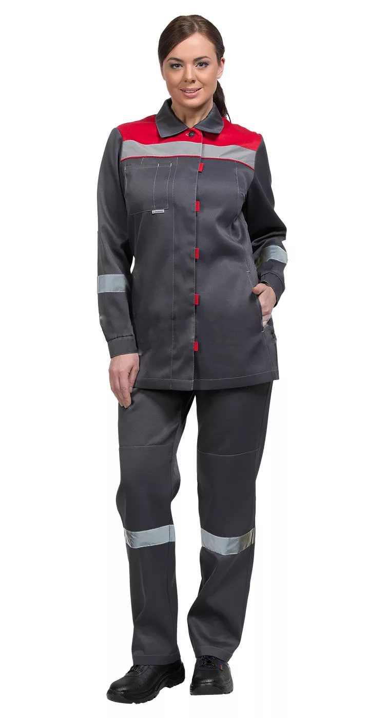 Летний костюм "ТИМБЕР" женский (куртка и брюки), цвет: серый с красным, ткань: смесовая