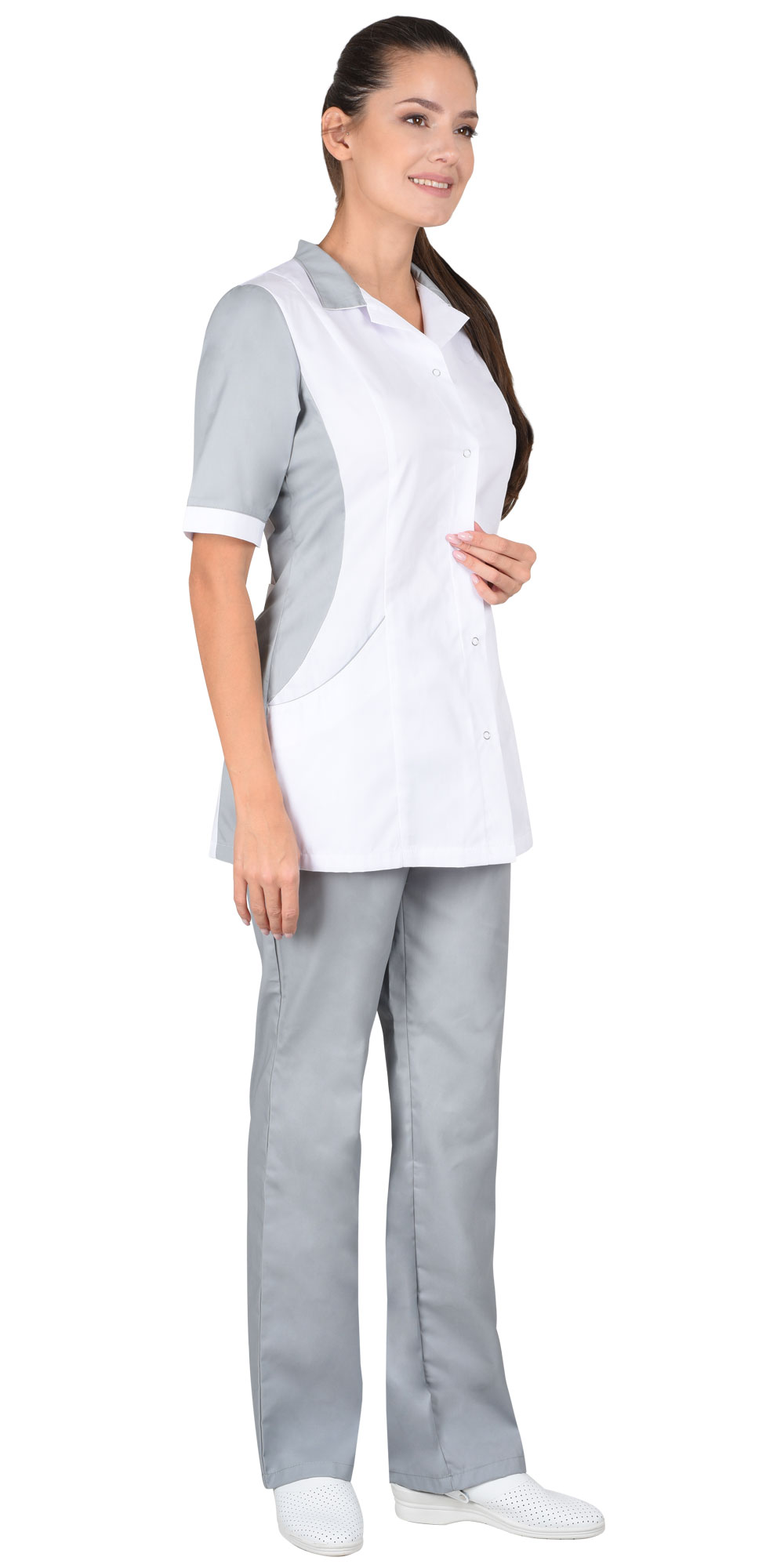 Костюм "СИРИУС-ИОНА" женский (блуза и брюки), короткий рукав, цвет: белый с серым, смесовая