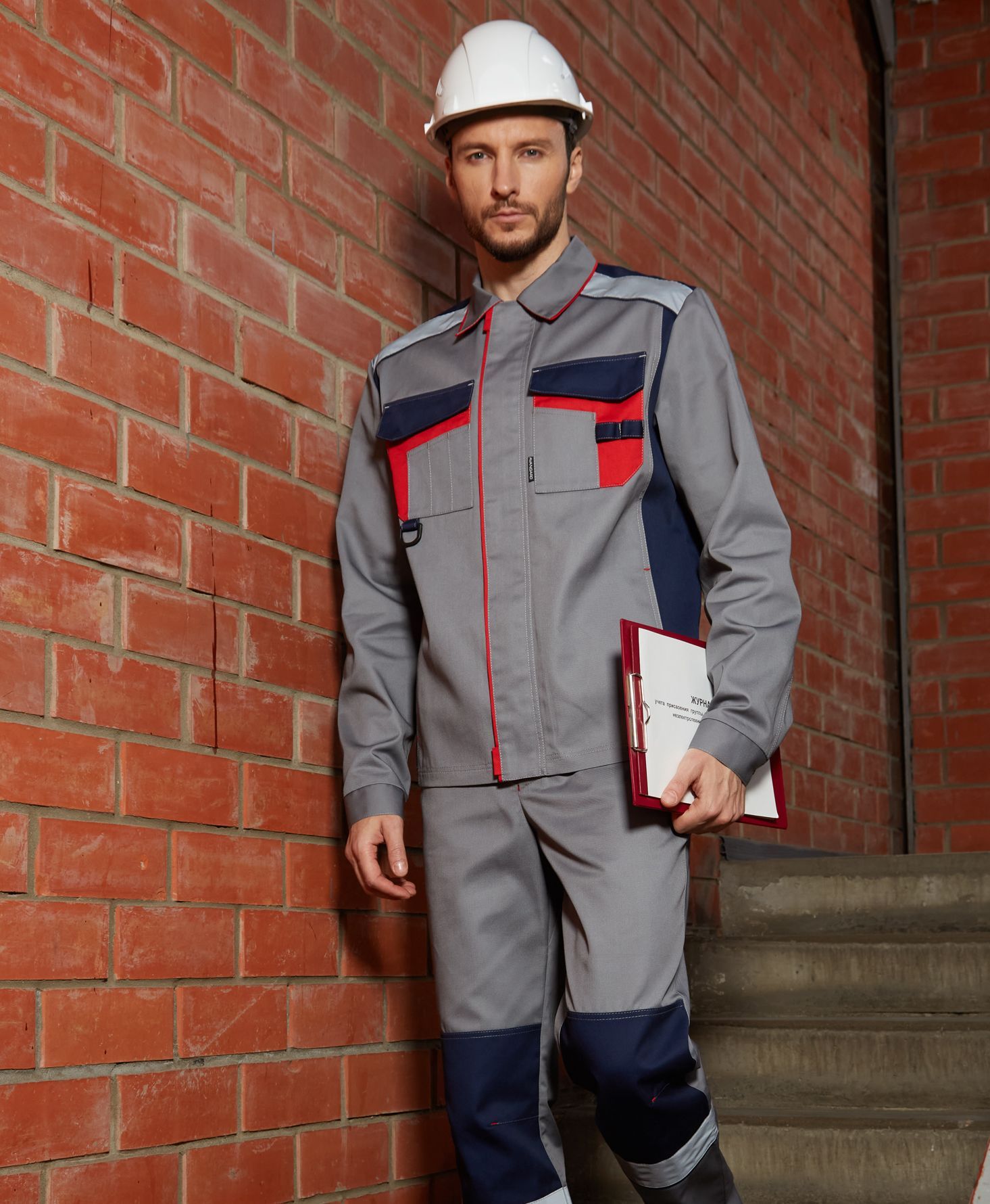 Летний костюм "БАРИТ" мужской (куртка и брюки), цвет: серый с синей и красной отделкой, ткань: смесовая