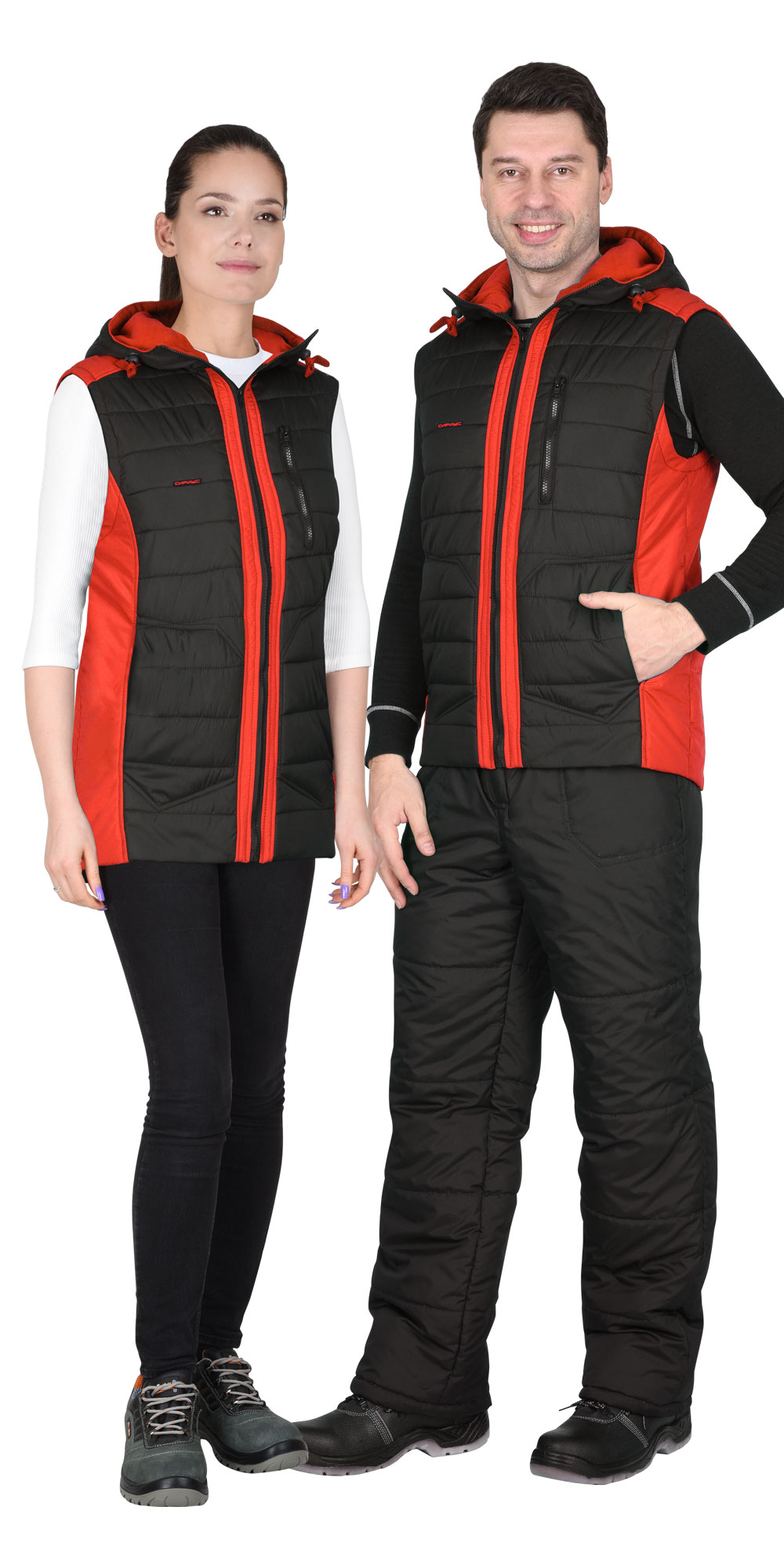 Зимний жилет "СИРИУС-УРБАН" универсальный, утепленный, с капюшоном, цвет: черный с красным, ткань: 100% ПЭ
