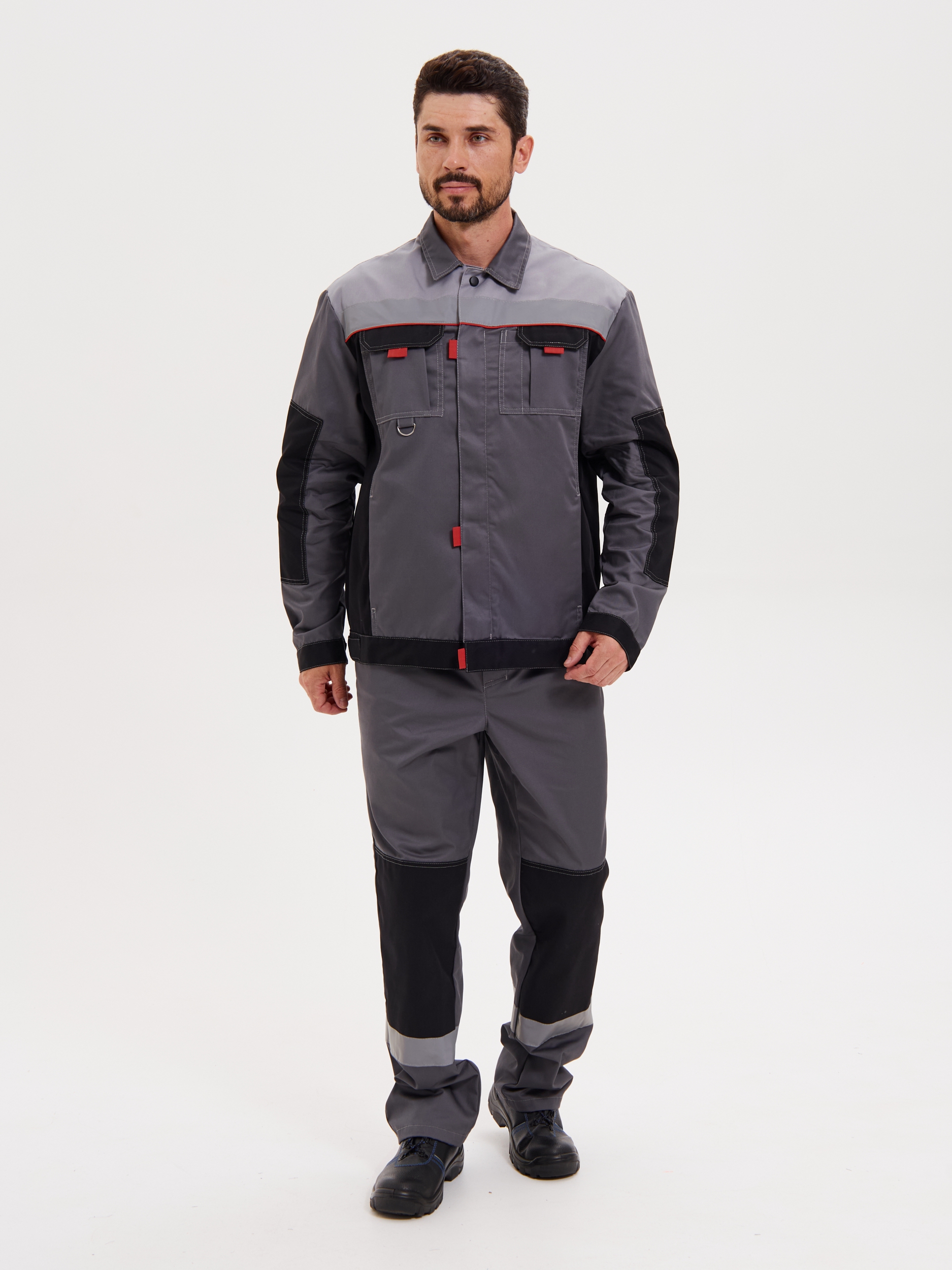 Летний костюм "РАССО-МОДУЛЬ" мужской (куртка и полукомбинезон), цвет: серый с чёрным и светло-серым, ткань: Смесовая