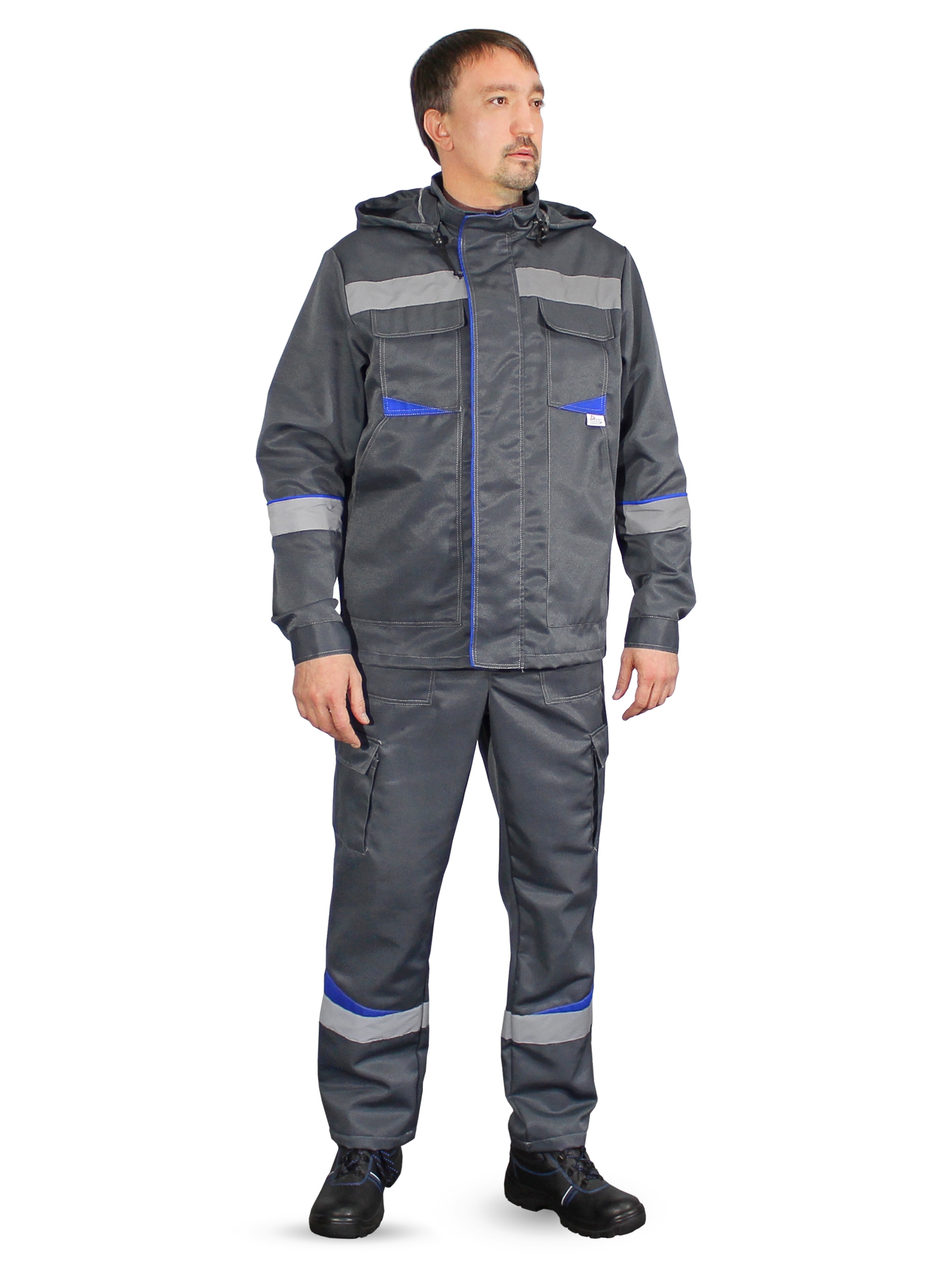 Летний костюм "РАССО-ГРАНЬ" мужской (куртка и полукомбинезон), цвет: серый с васильковым. ткань: смесовая